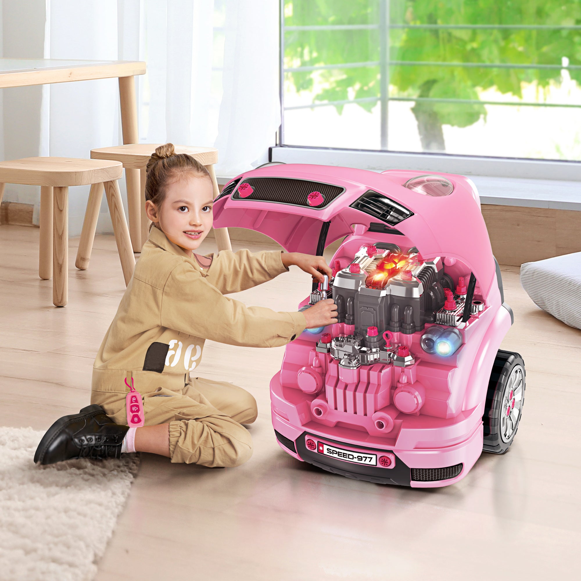 HOMCOM Kids Truck Engine Toy Set, with Horn, Light, Car Key, for Ages 3-5 Years - Pink - North Peak Garden Furniture