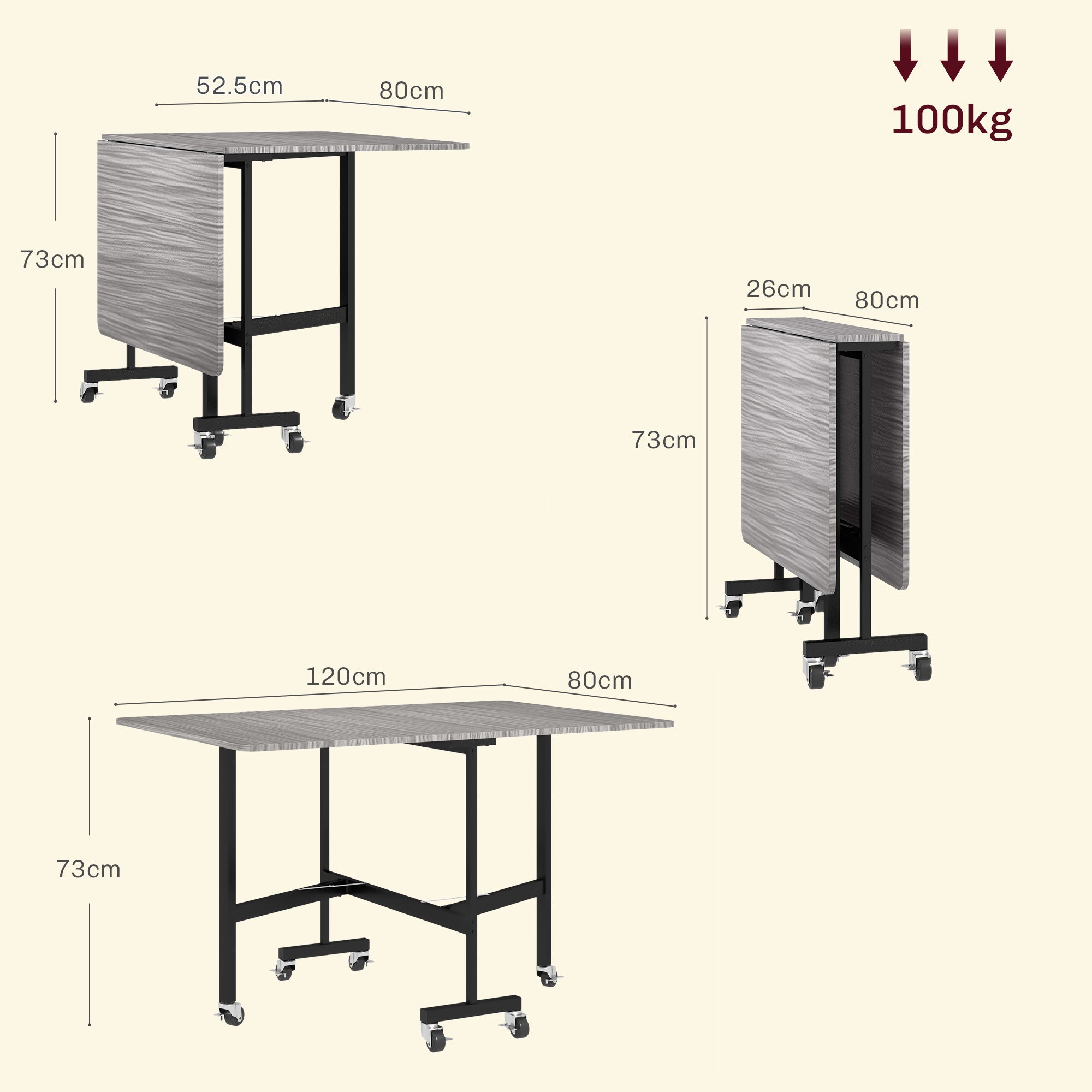 HOMCOM Mobile Drop Leaf Table, Folding Dining Table with 6 Wheels & Brakes, Kitchen Table for Small Spaces, Grey