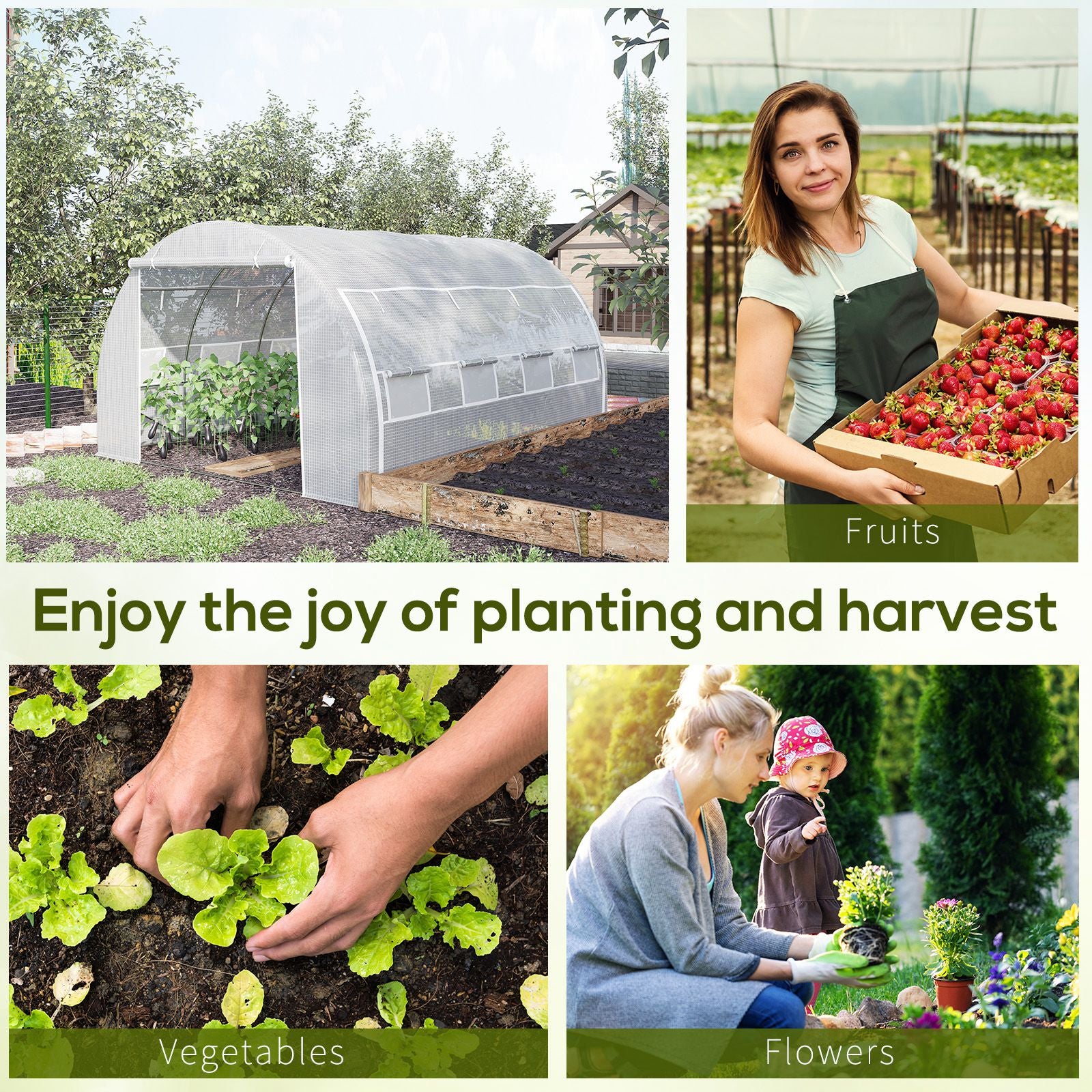 Outsunny 4 x 3 x 2 m Polytunnel Greenhouse with Roll-up Side Walls, Walk-in Grow House Tent with Steel Frame, Reinforced Cover, Zipped Door and 12 Mesh Windows for Garden, White - North Peak Garden Furniture