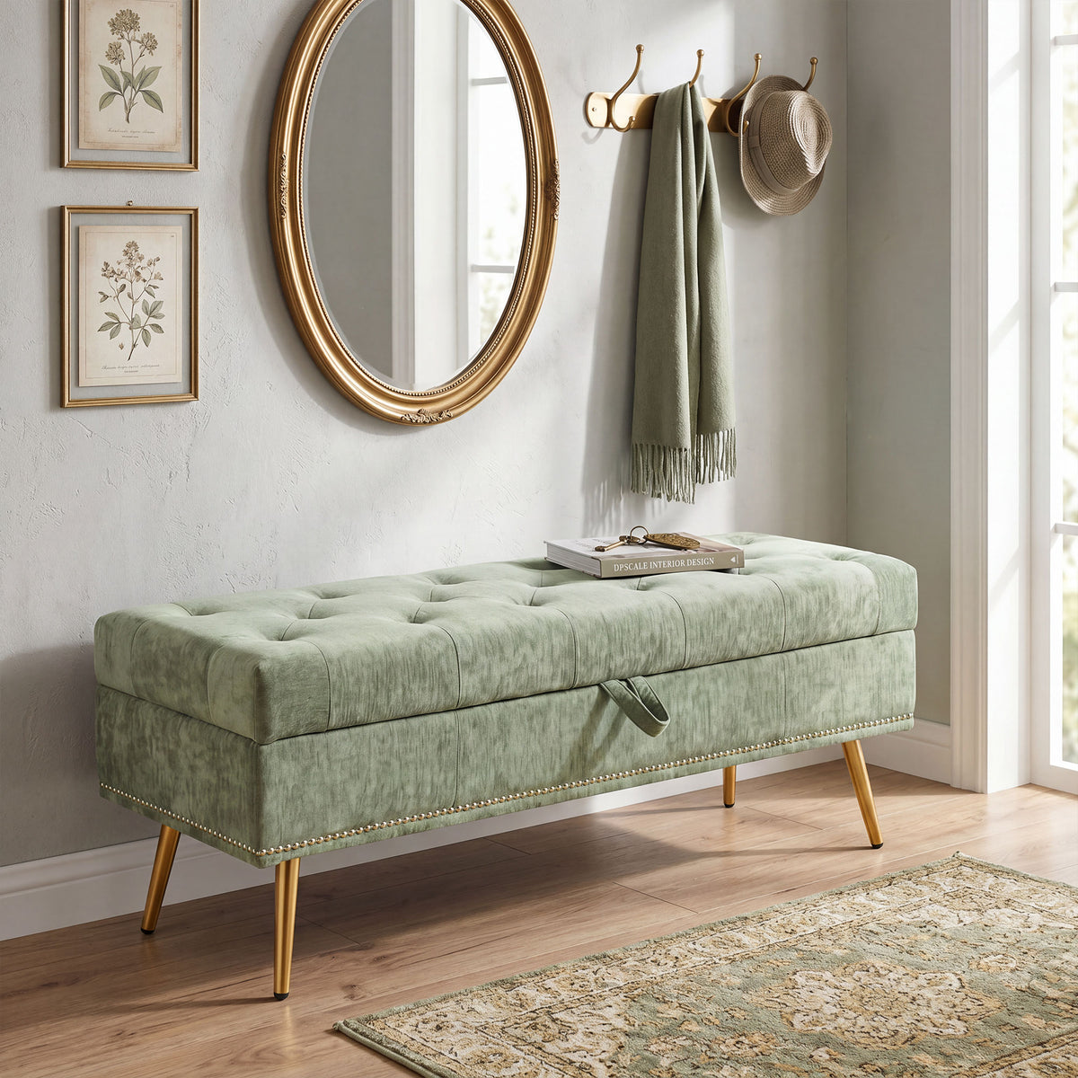 HOMCOM Storage Ottoman, Chenille Upholstered Ottoman Storage Box with Padded Seat, Metal Legs, 114 x 41 x 45 cm, Light Green