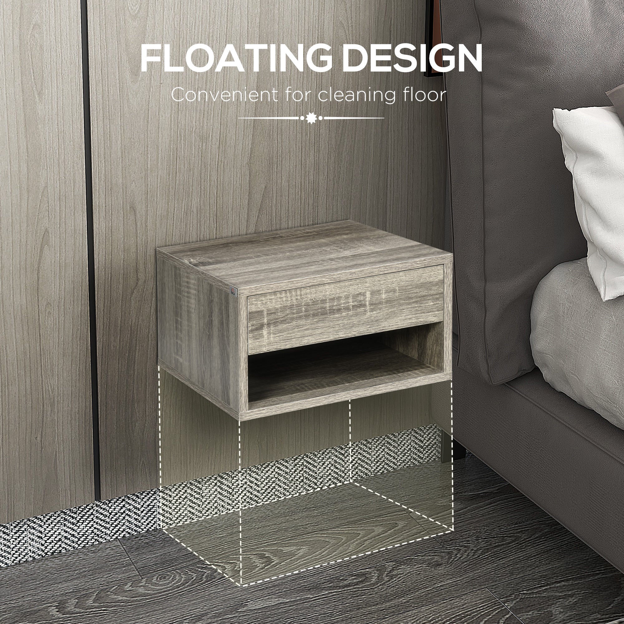 HOMCOM Set of Two Floating Bedside Tables Wall Mounted Nightstands with Drawer and Shelf for Bedroom, Brown Wood-Effect - North Peak Garden Furniture
