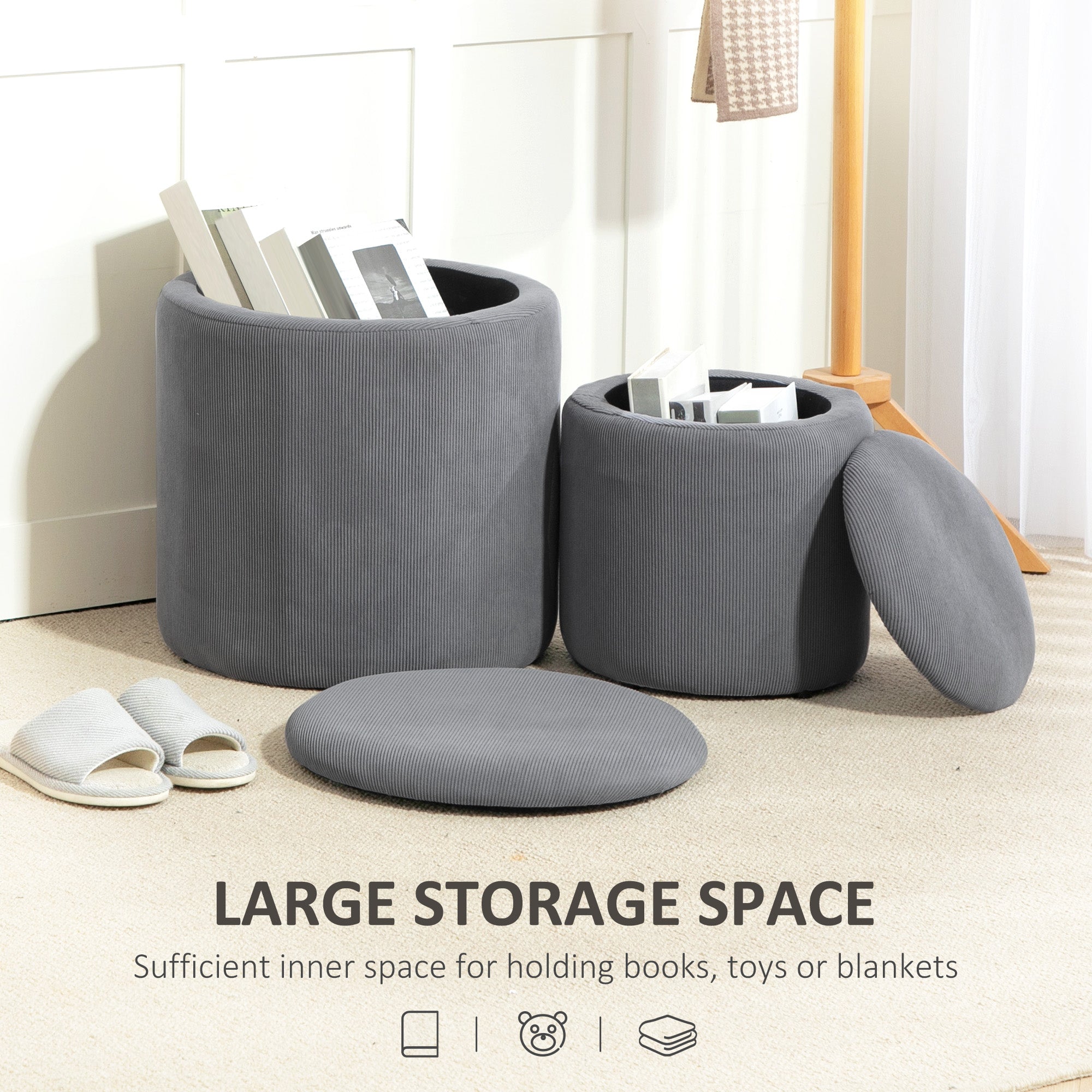 HOMCOM Set of Two Corduroy Storage Ottomans - Grey - North Peak Garden Furniture
