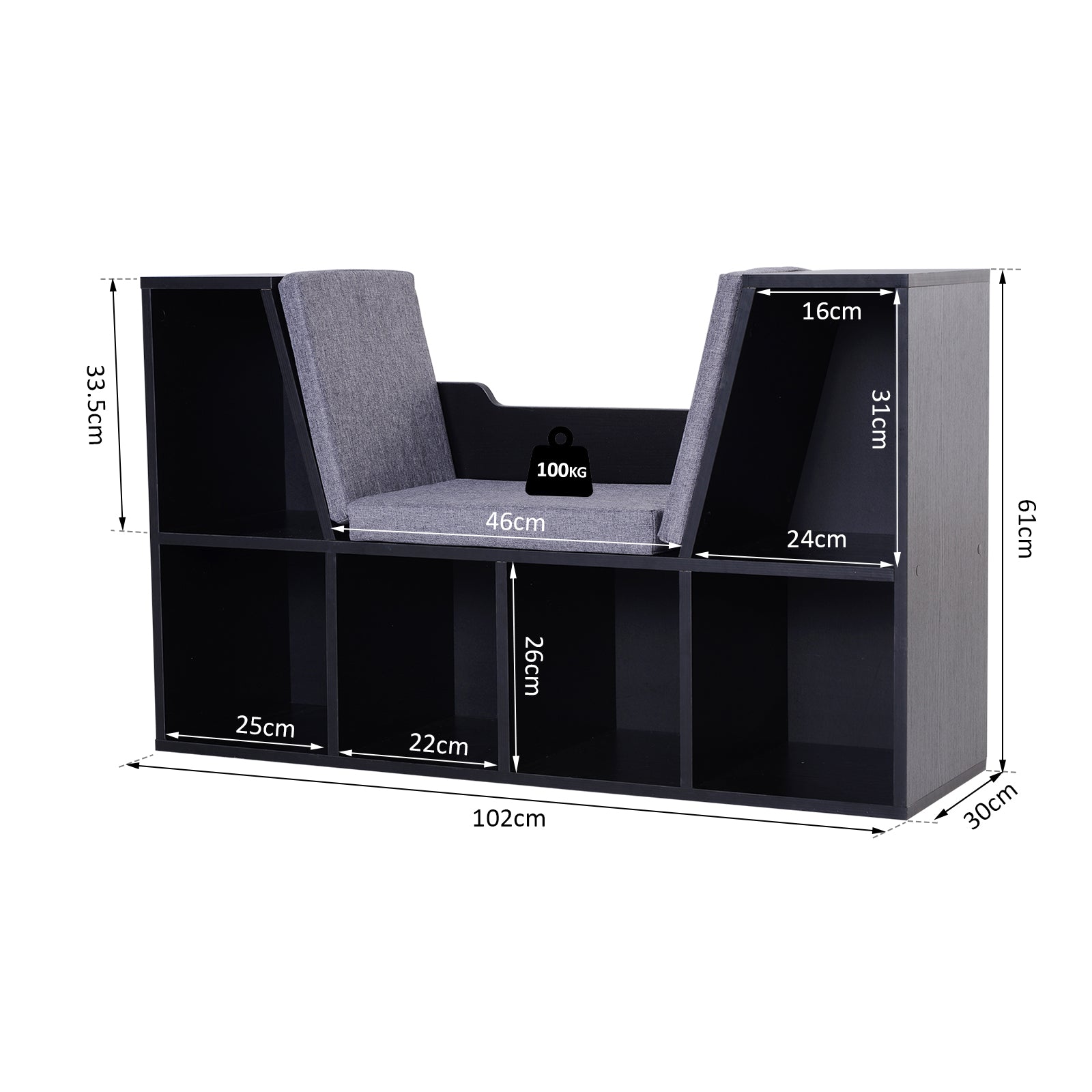 HOMCOM Bookcase Storage Shelf with Cushioned Reading Seat, Cube Bookshelf Organizer for Bedroom Living Room, Black - North Peak Garden Furniture