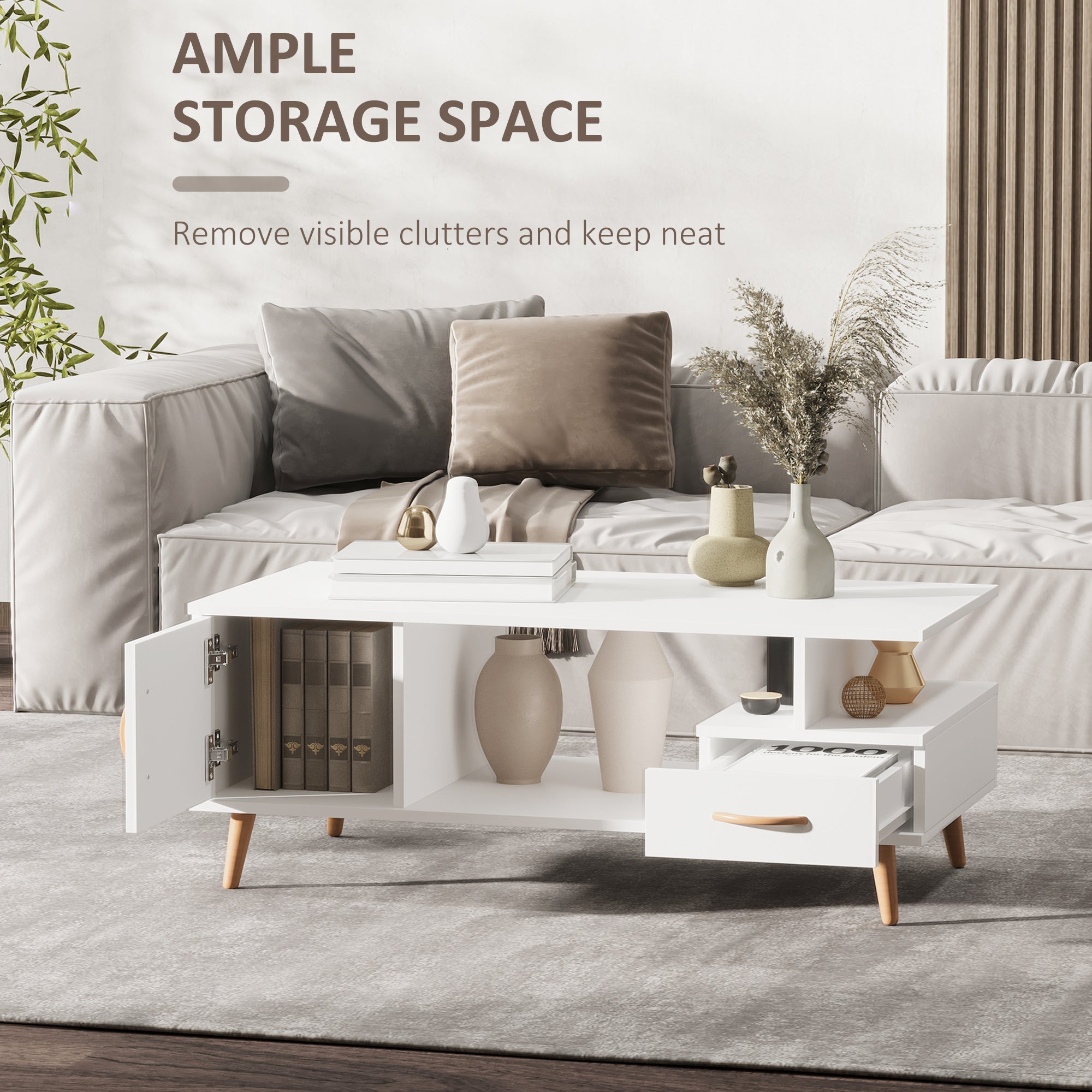 HOMCOM Modern Minimalism Coffee Table with Storage, Sofa Side Table with Shelf & Drawer for Living Room Reception Room, White - North Peak Garden Furniture