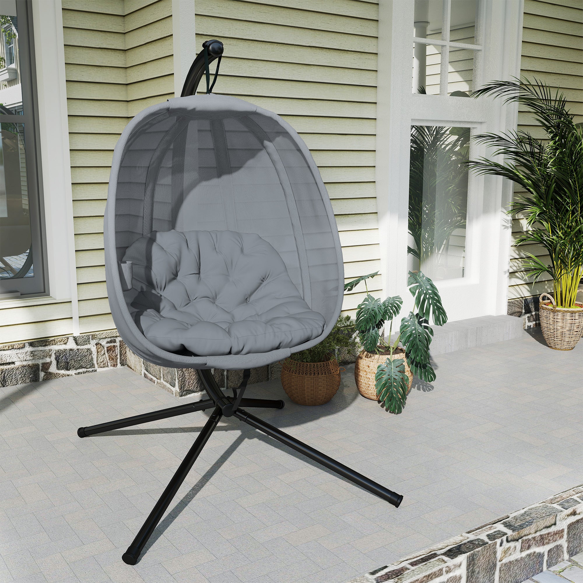 Outsunny Hanging Egg Chair, Folding Texteline Swing Hammock with Side Pocket, Cushion and Stand for Indoor Outdoor, Patio Garden Furniture, Grey