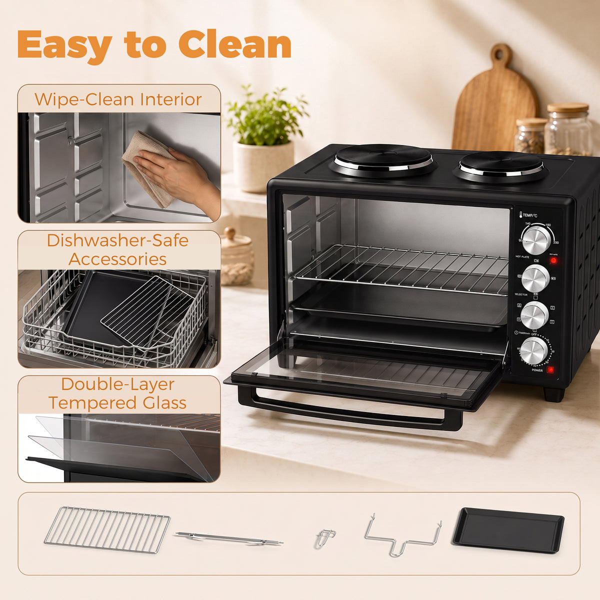 HOMCOM 46L Mini Oven with Dual Hot Plates, Electric Countertop Cooker with Convection, 90–230°C Adjustable Temperature
