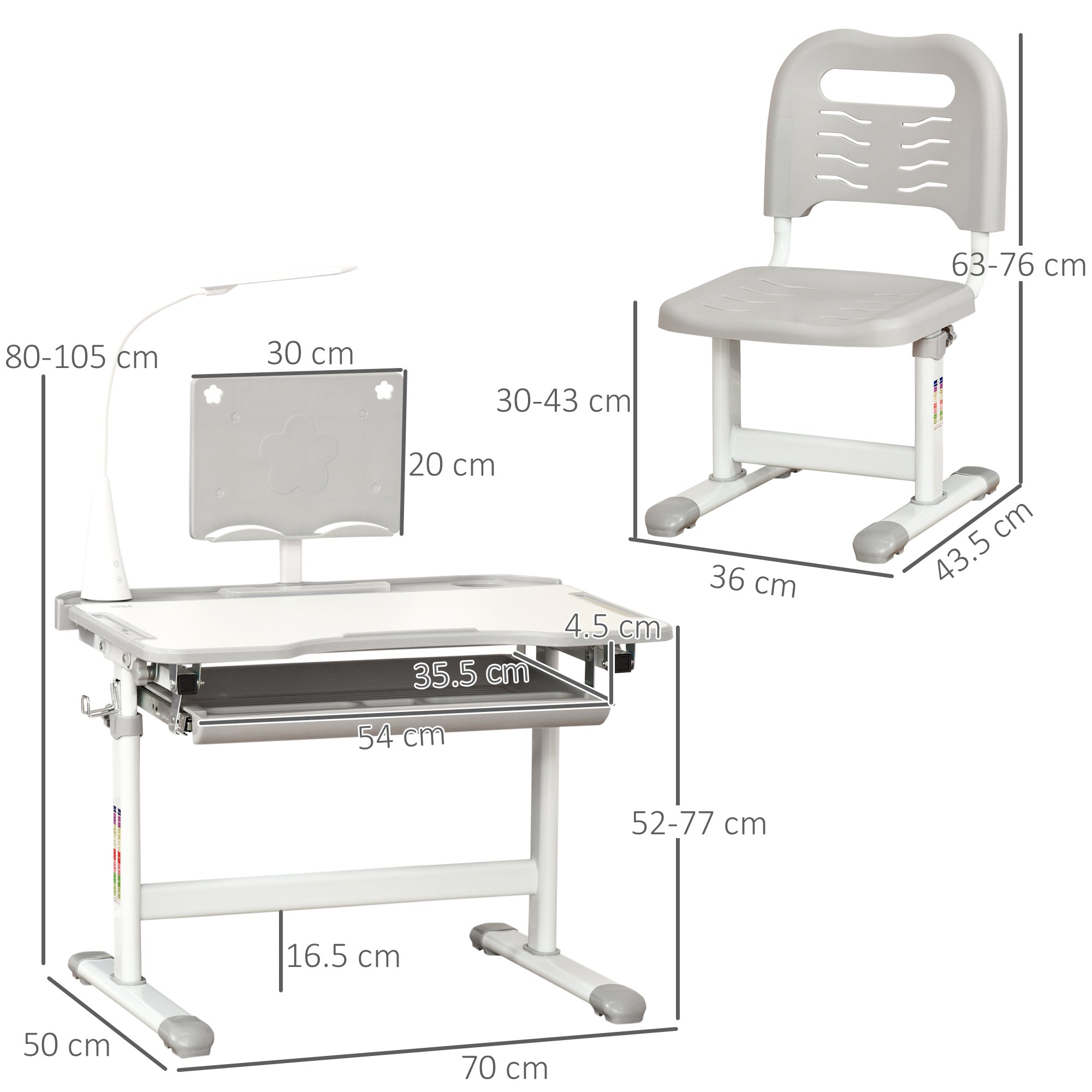 HOMCOM Kids Study Desk and Chair Set w/ Adjustable Height, Storage, Drawer, Grey