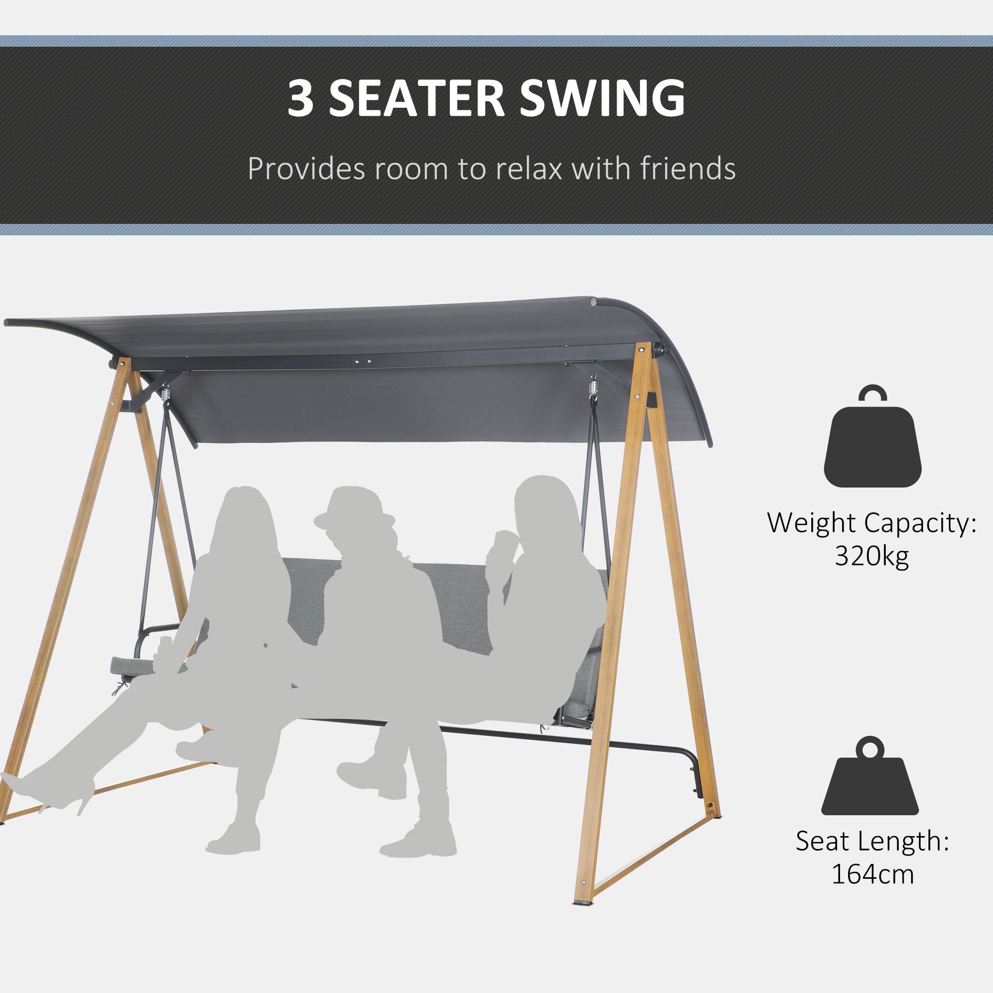 Outsunny 3 Seater Swing Chair, Garden Swing Bench with Adjustable Canopy, Cushioned Seat and Weather Resistant Steel Frame for Patio, Yard - North Peak Garden Furniture