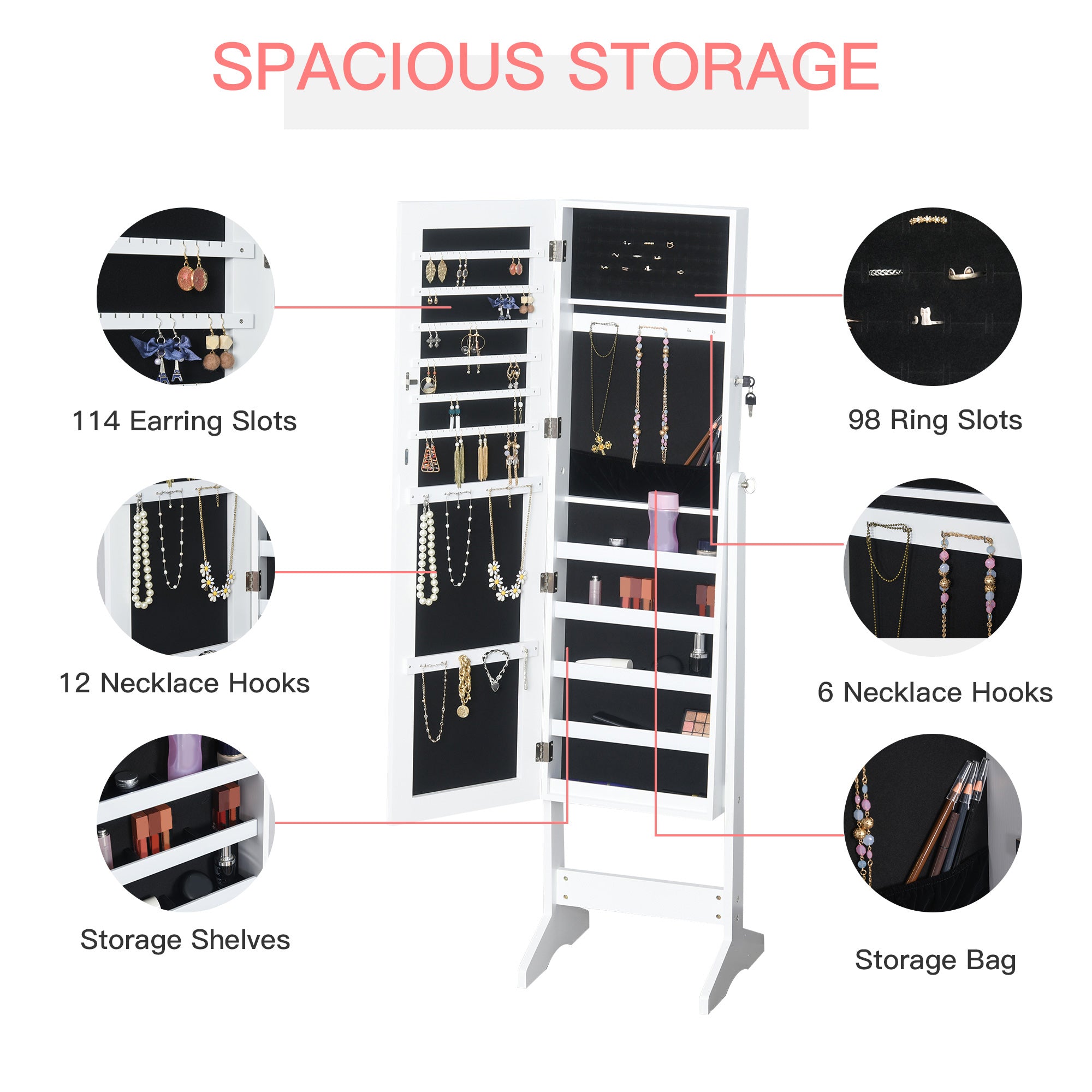 HOMCOM Jewelry Cabinet Standing Mirror Full Length Makeup Lockable Armoire Storage Organizer White - North Peak Garden Furniture