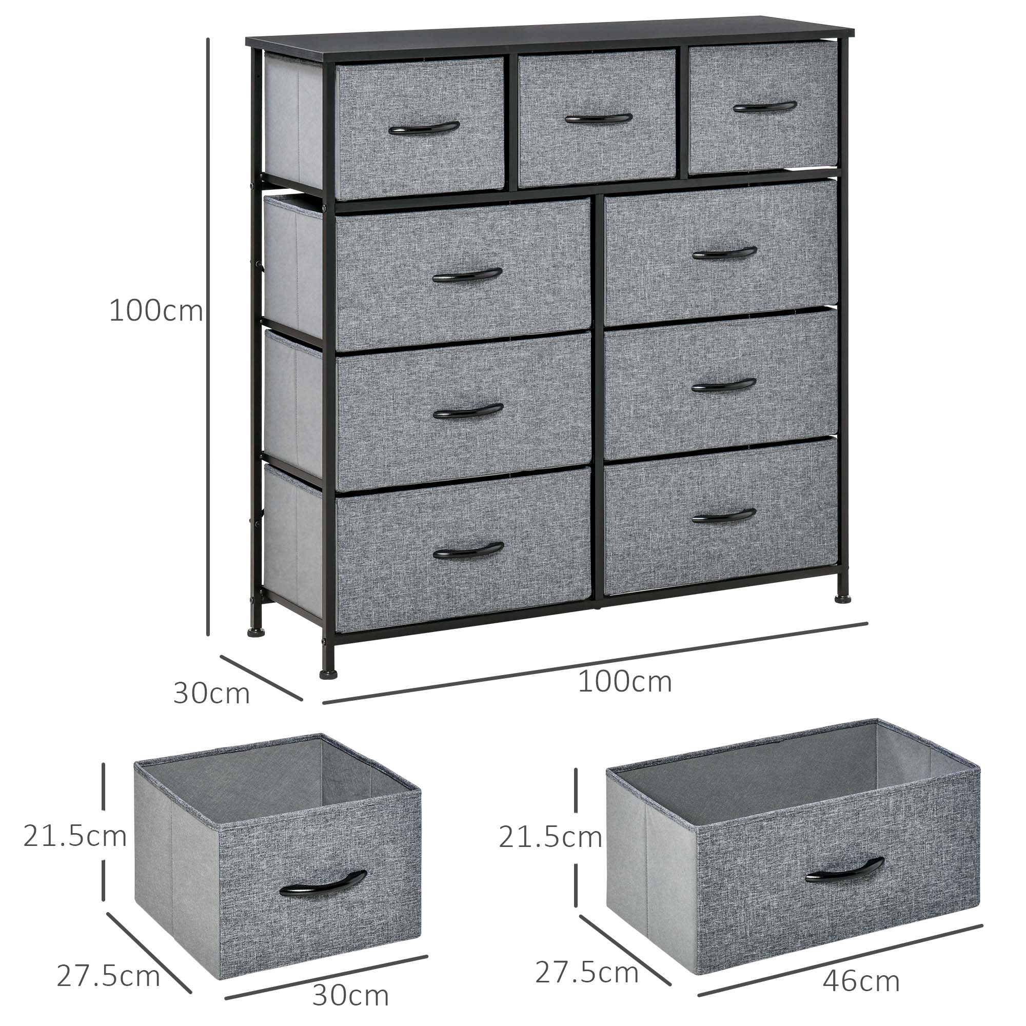 HOMCOM 9 Drawers Storage Chest Dresser Organizer Unit , Easy Pull Fabric Bins, for Bedroom, Hallway, Entryway, Black & Grey