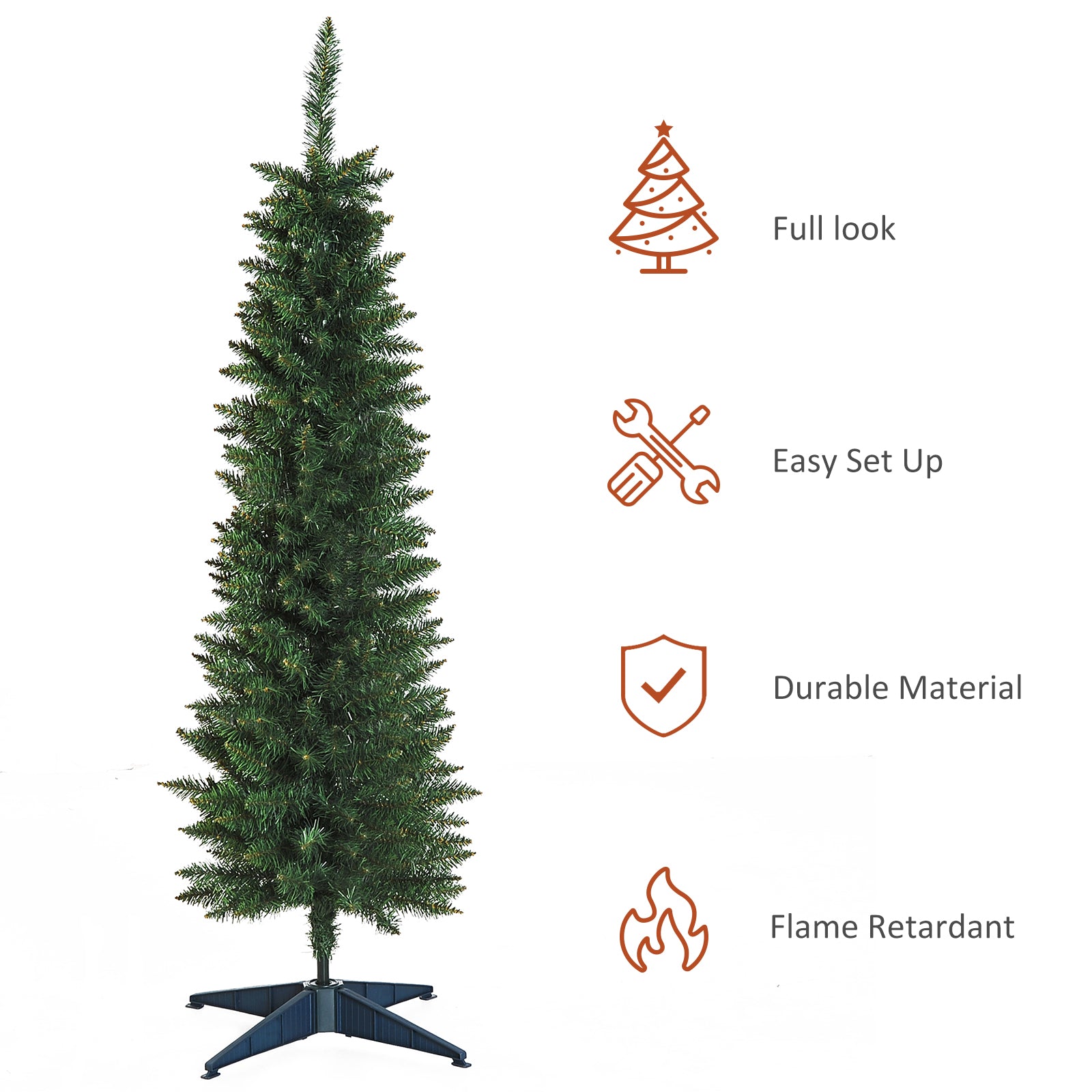 HOMCOM 5ft Unlit Artificial Christmas Tree, Pencil Slim Xmas Tree with Solid Stand and Realistic Branches, Green - North Peak Garden Furniture