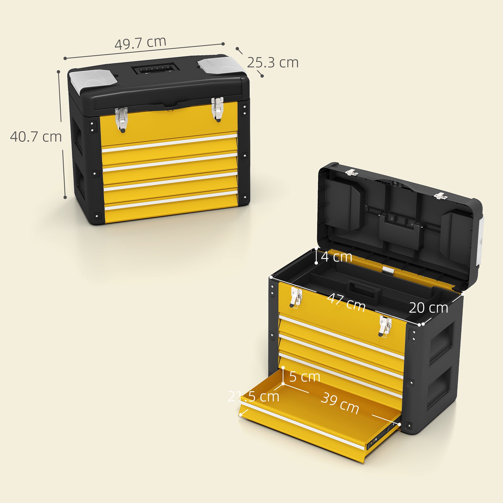 HOMCOM 4 Drawers Large Toolbox - Yellow - North Peak Garden Furniture