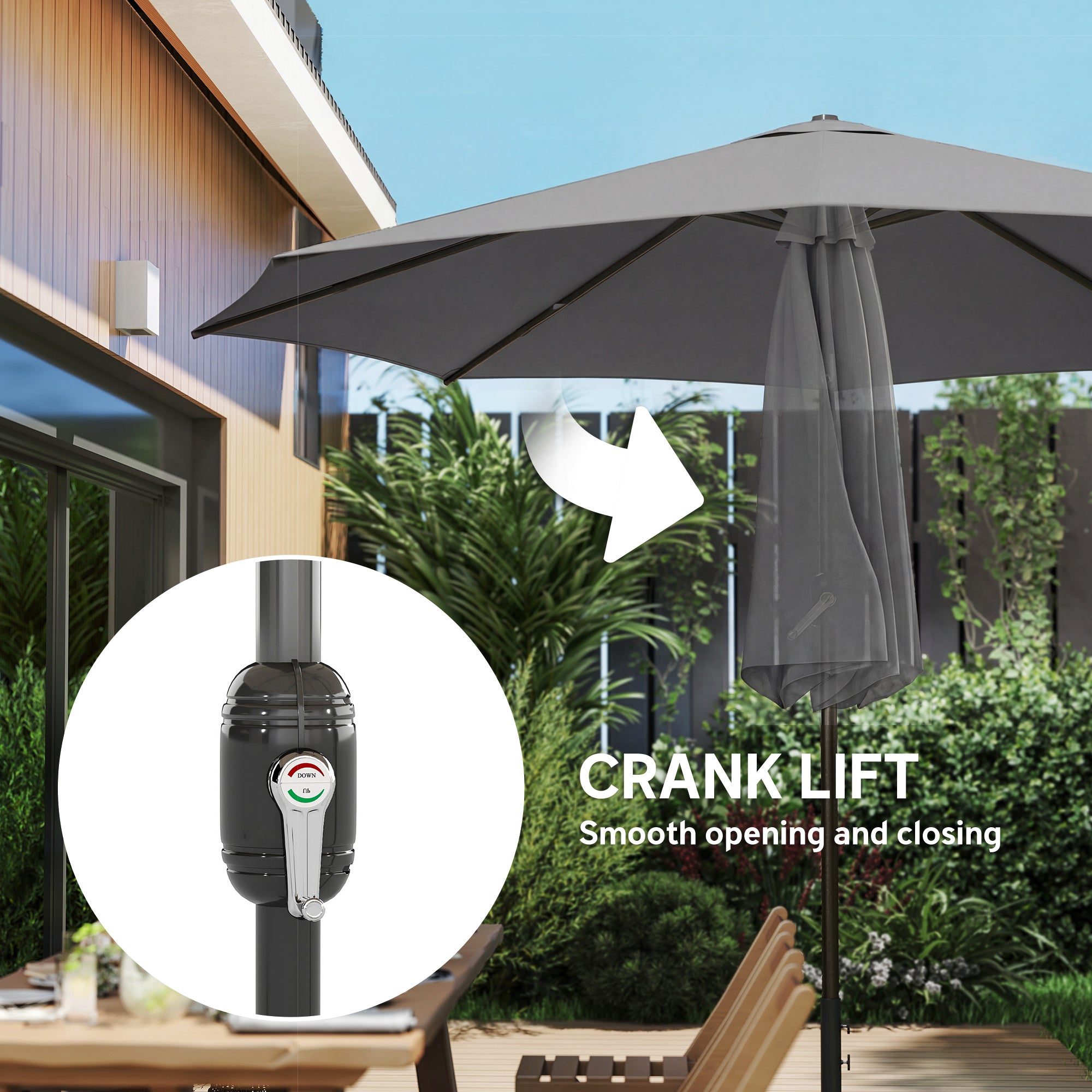 Outsunny 2.7 m Garden Parasol Umbrella with Cross Base and Sandbag, Retractable Ribs, Outdoor Table Market Umbrella, Light Grey