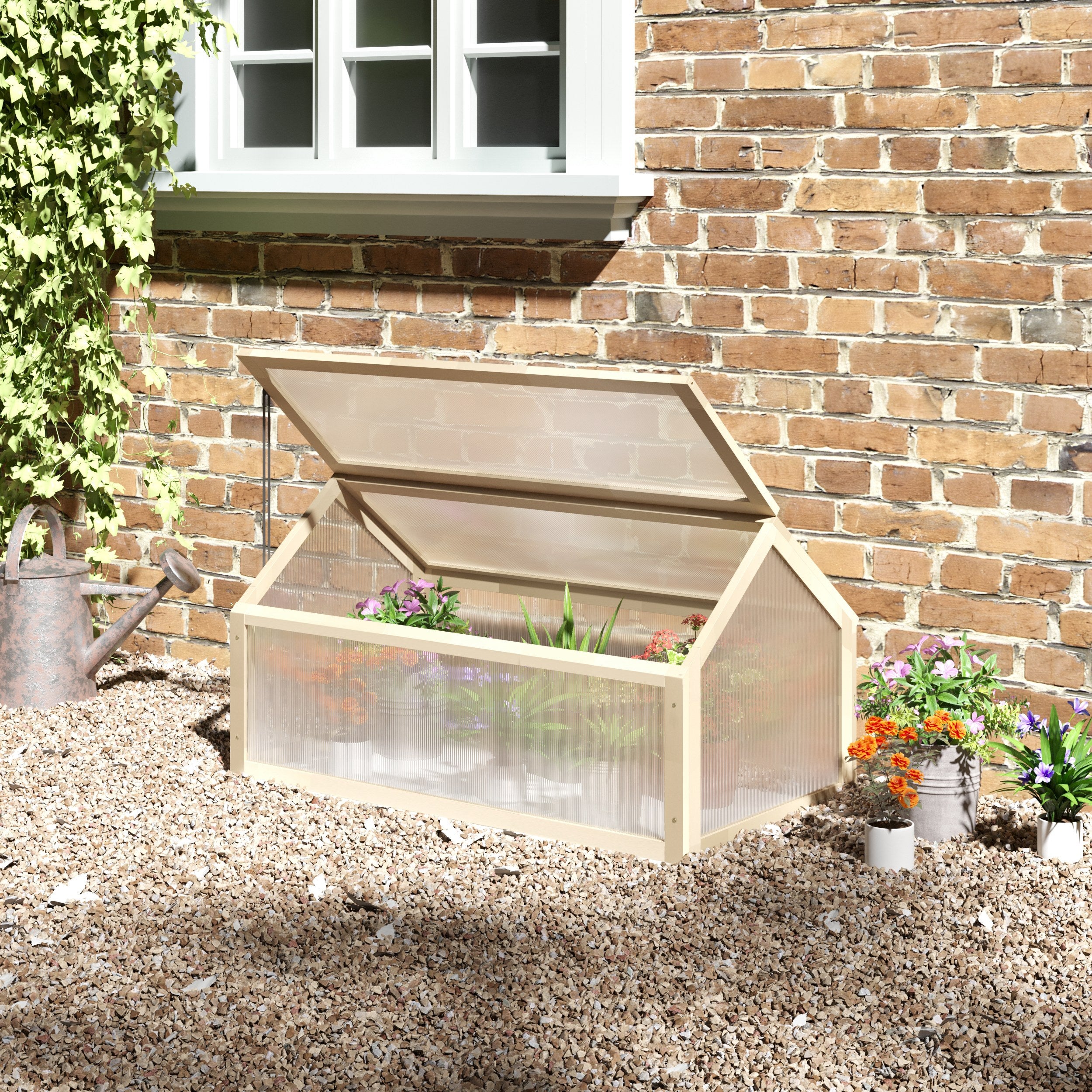 Outsunny Wooden Cold Frame Garden Polycarbonate Greenhouse with Openable Top Cover, Grow House for Flowers, Vegetables, Plants, 90 x 52 x 50cm, Natural - North Peak Garden Furniture