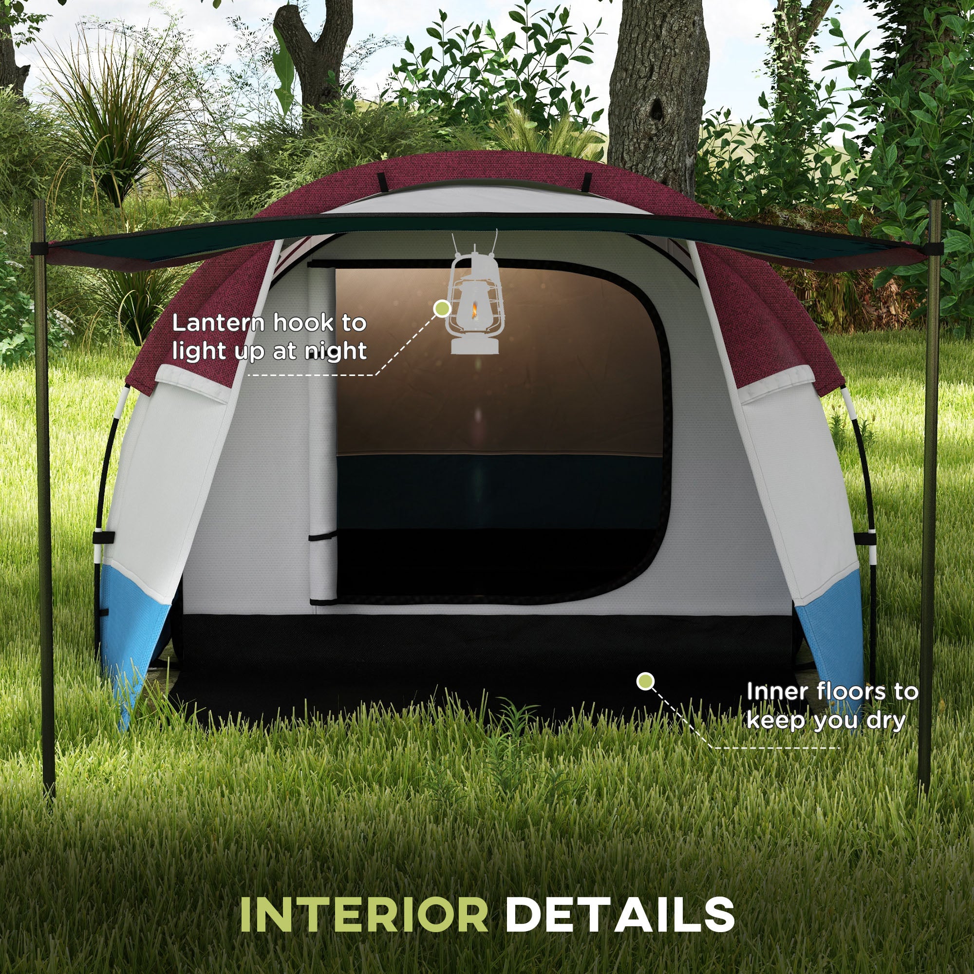 Outsunny Camping Tent, Large Tunnel Tent with Bedroom and Living Area, 2000mm Waterproof, Portable with Bag for 2-3 Man, Red - North Peak Garden Furniture