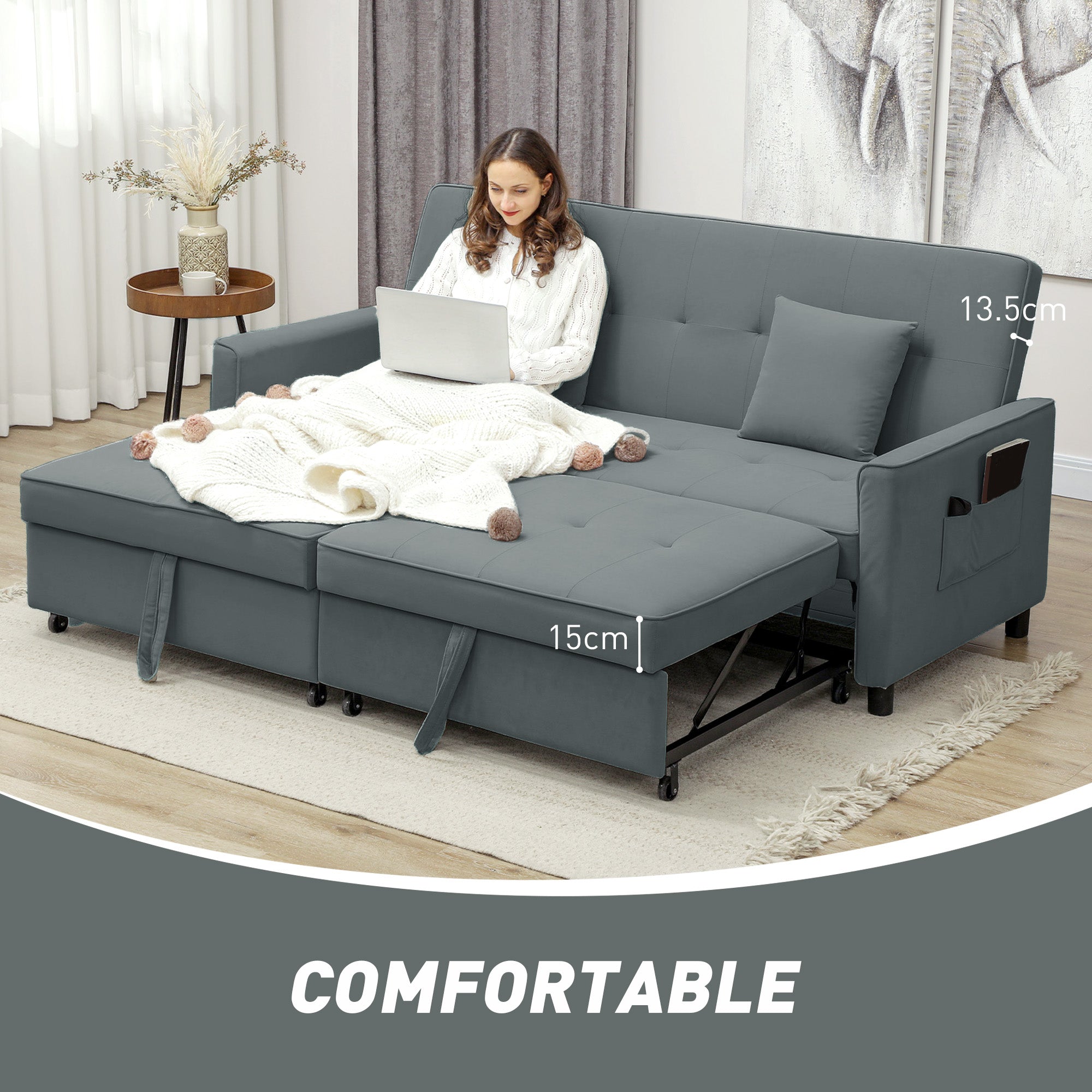 HOMCOM Three-Person Velvet-Feel Sofa Bed - Grey - North Peak Garden Furniture