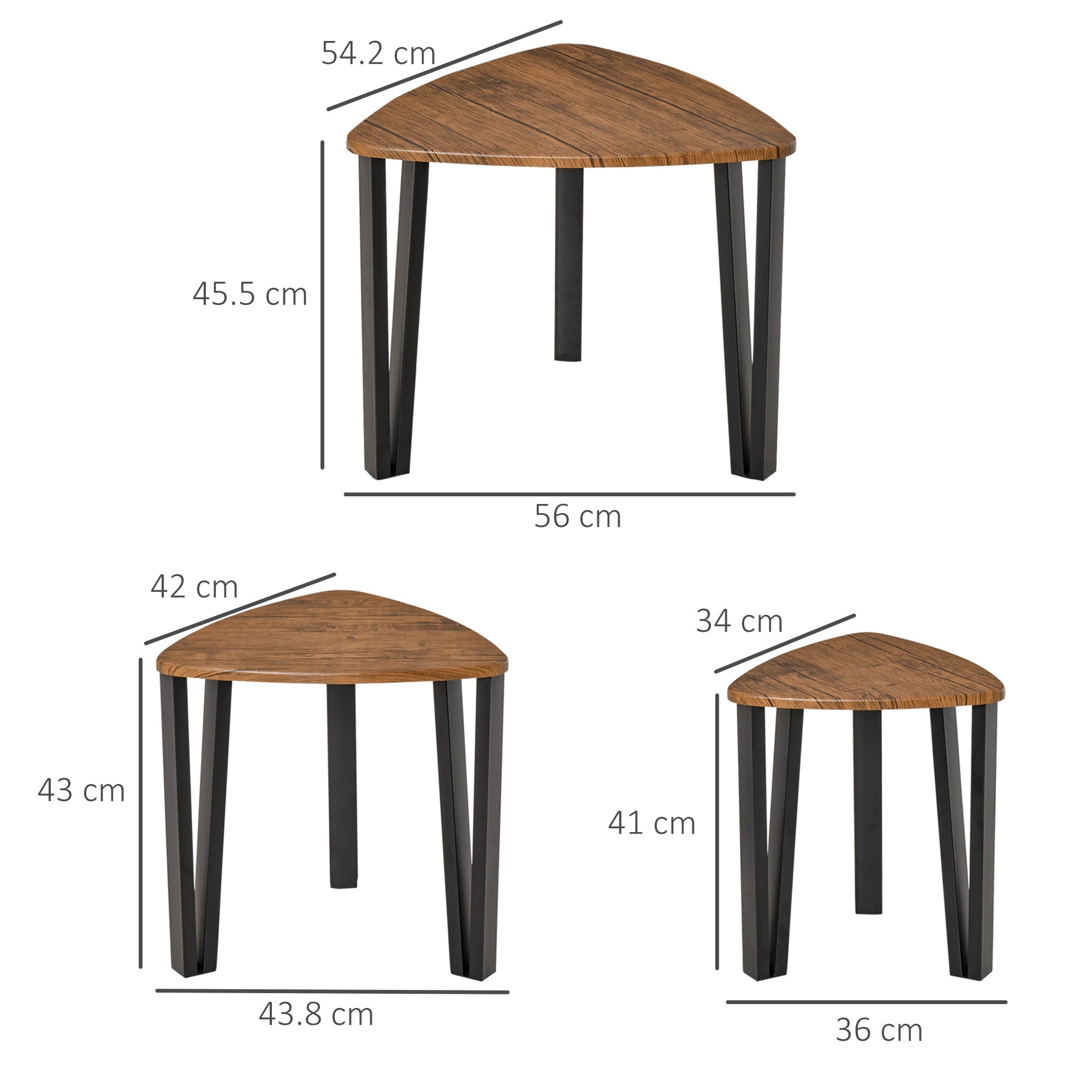 HOMCOM Nest of Tables, Coffee Table Set of 3, Triangle Nesting Tables with Metal Legs, Industrial End Side Table for Living Room, Walnut Wood Grain