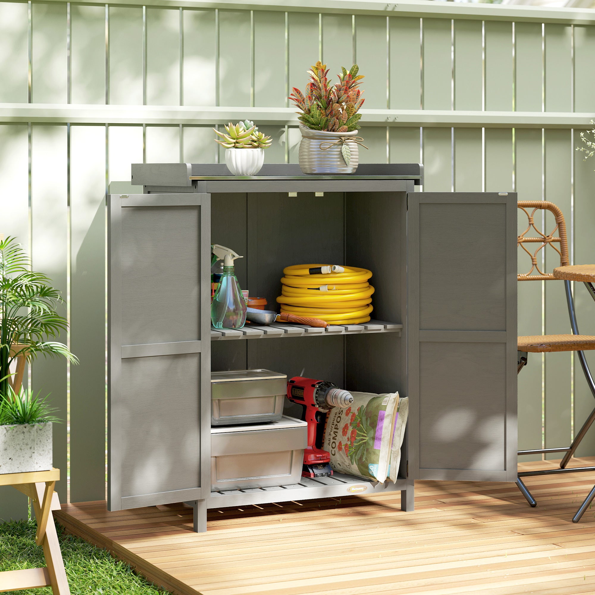 Outsunny Wooden Garden Shed, Garden Tool Storage Shed with Shelf and Side Hooks, 71.5 x 39 x 95 cm, Grey