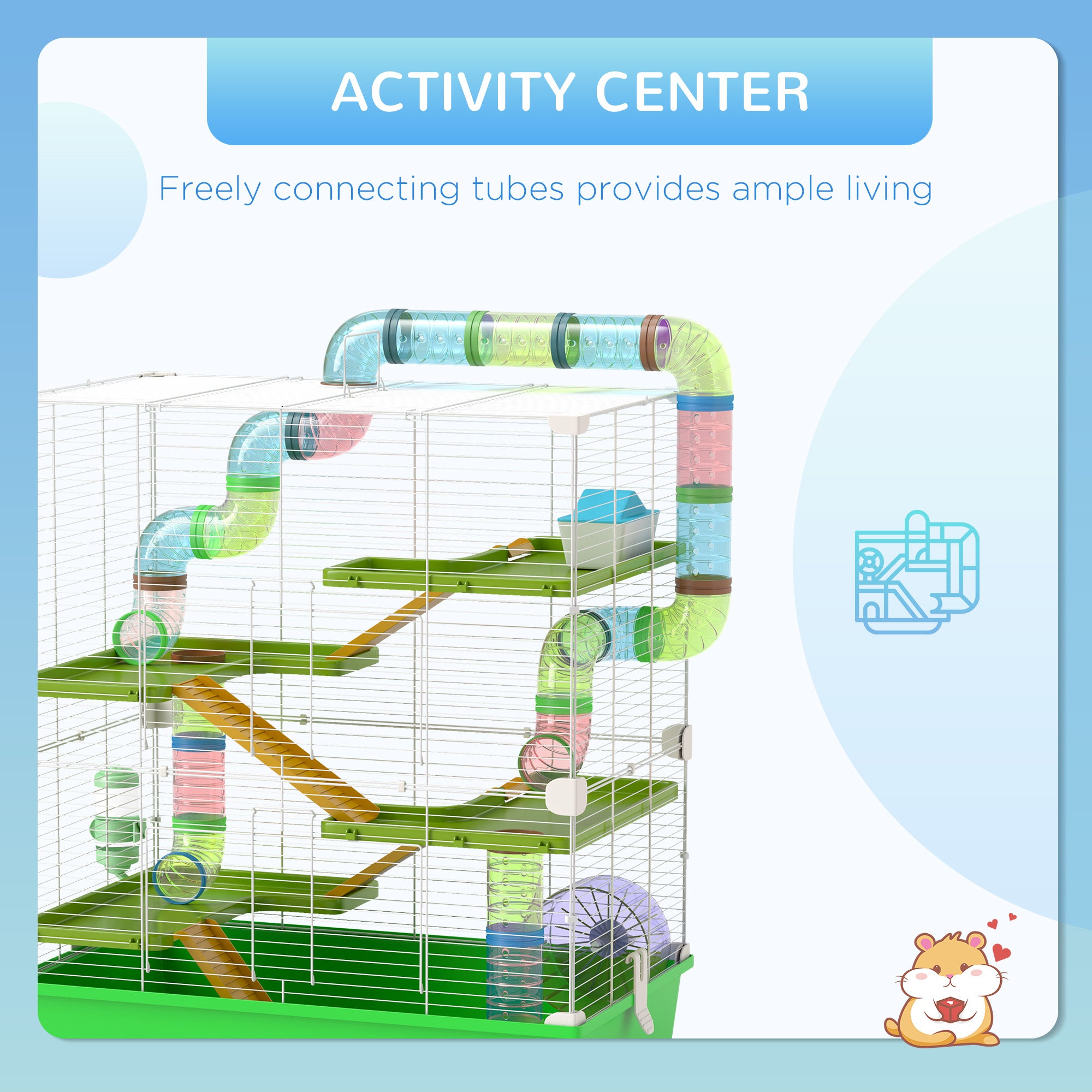 PawHut Hamster Cage w/ Water Bottle, Exercise Wheel, Tubes, Ramps - Green - North Peak Garden Furniture