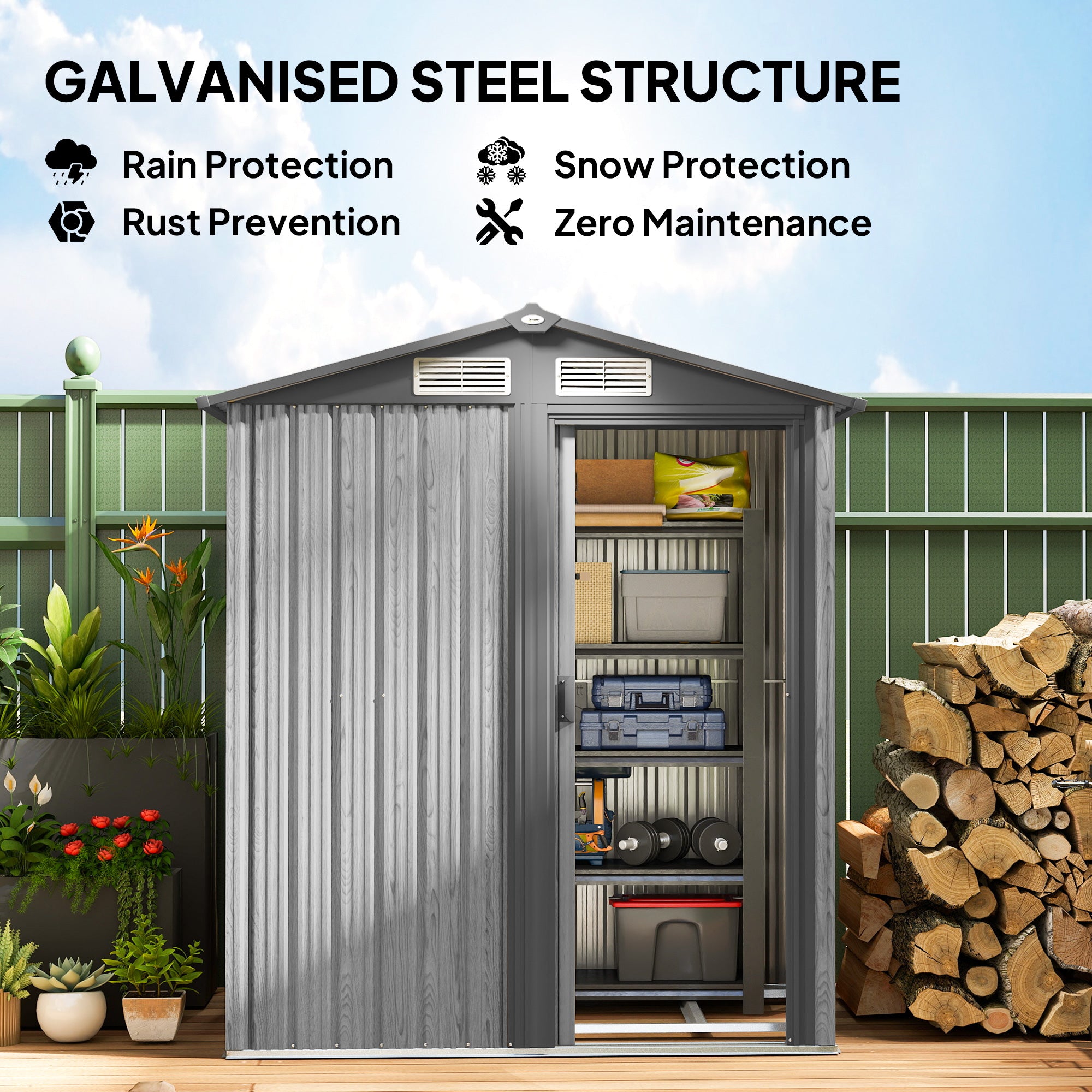 Outsunny 4.3 x 5ft Outdoor Garden Storage Shed - Grey Wood Effect - North Peak Garden Furniture
