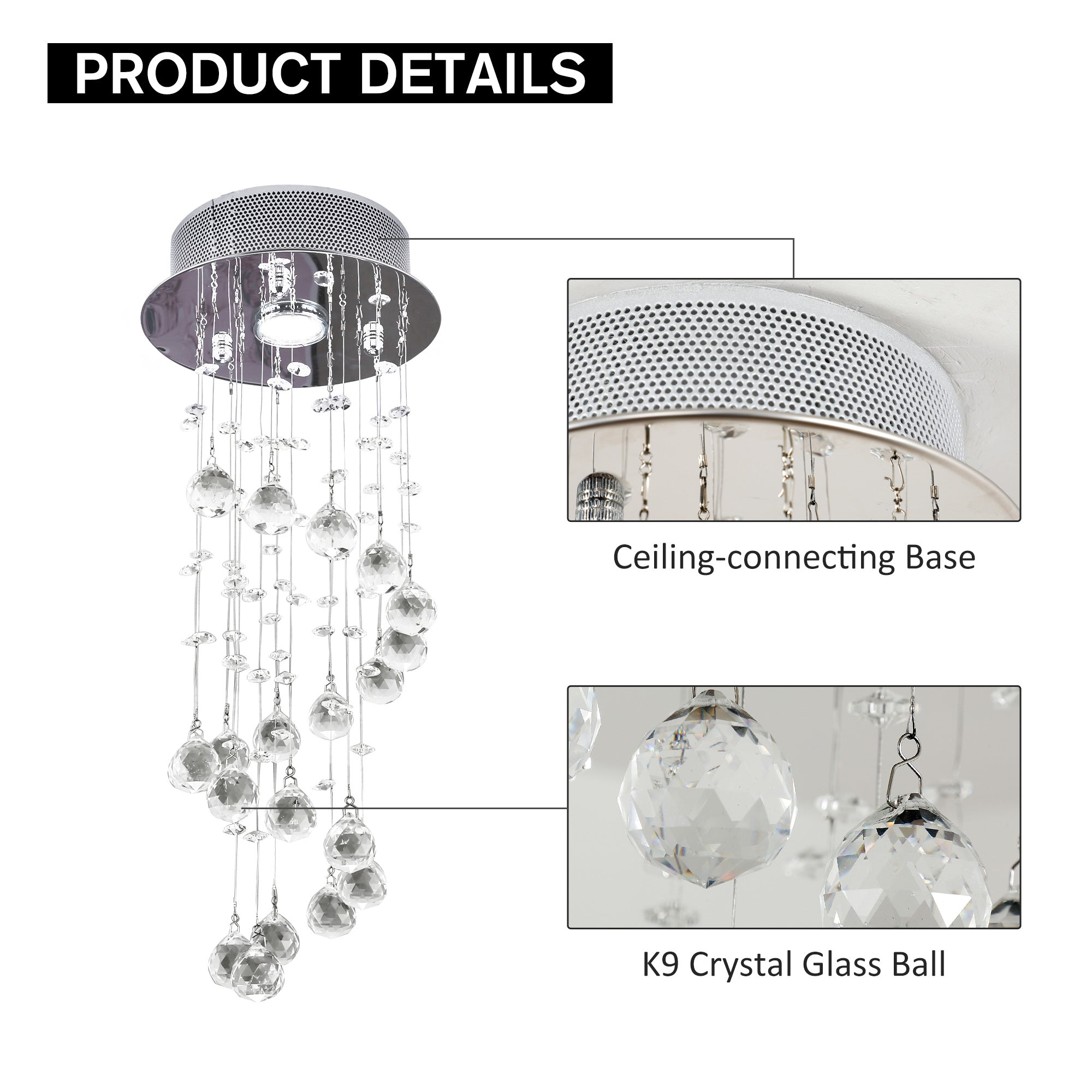HOMCOM Metal Crystal Ceiling Light Chandelier Elegant Pendant Lamp Living Room Stairway Stairway Spiral Rain Drop Pendant Lamp Silver - North Peak Garden Furniture