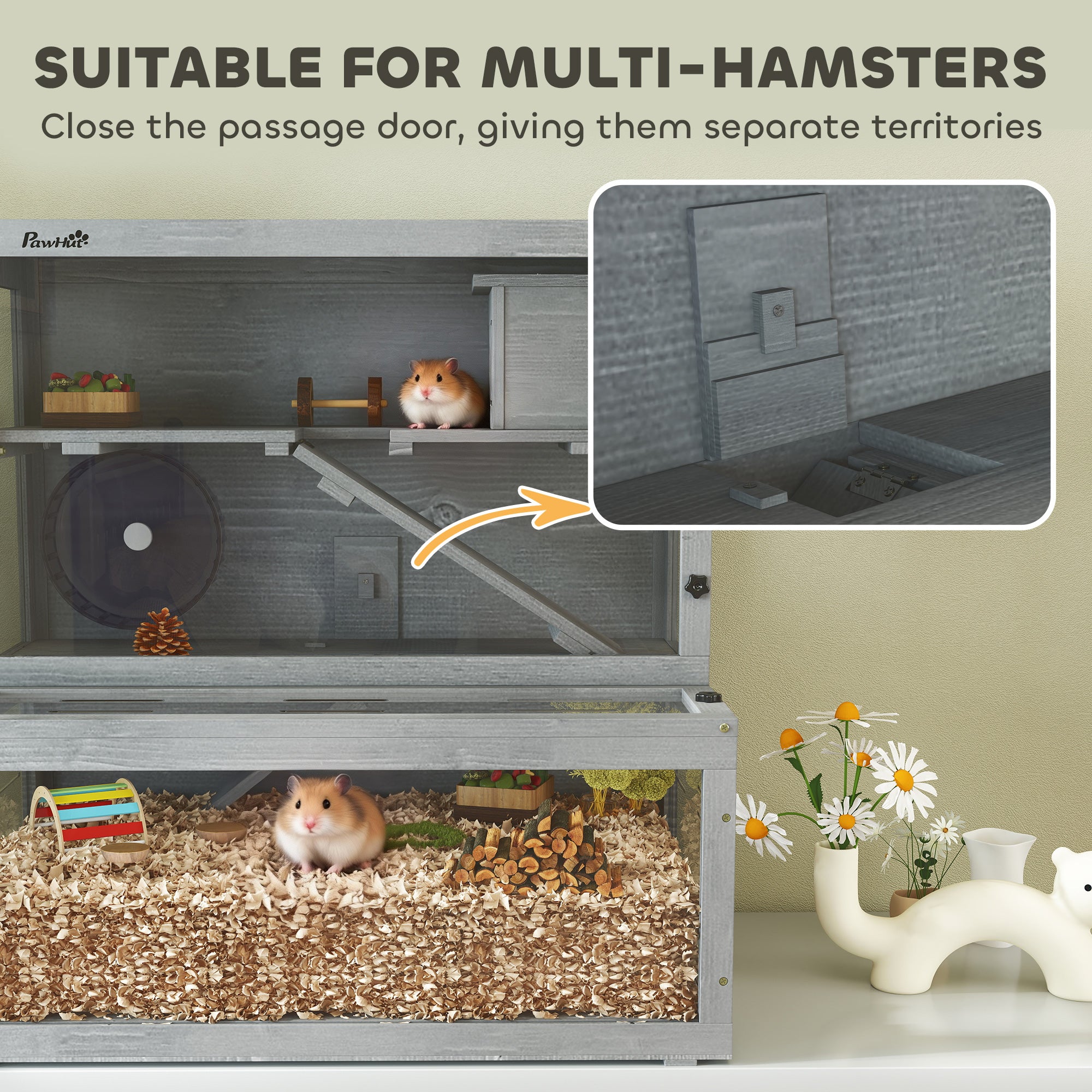 PawHut Wooden Hamster Cage with Hut, Wheel, Ramps, Removable Viewing Panels, 80 x 50 x 84 cm, Grey