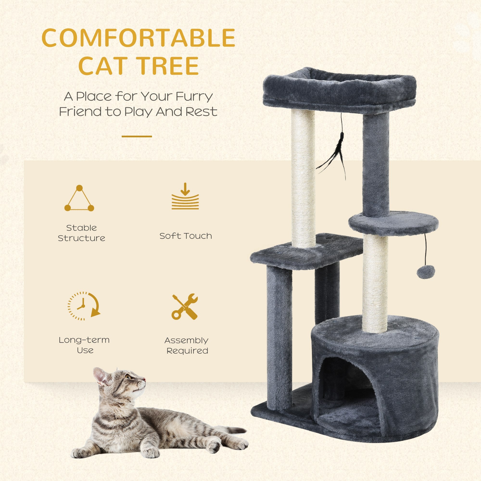 PawHut Cat Tree Tower: Multi-Activity Centre with Perch, House, Scratching Post, Play Ball & Rest Area, Grey & White