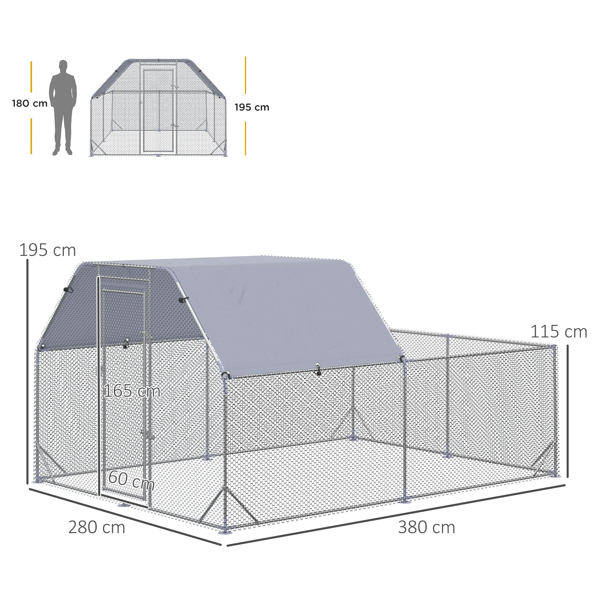 PawHut Walk In Chicken Run Chicken Coop with Roof Outdoor for 10-12 Chickens, Hen House, Duck Pen, 2.8 x 3.8 x 2 m