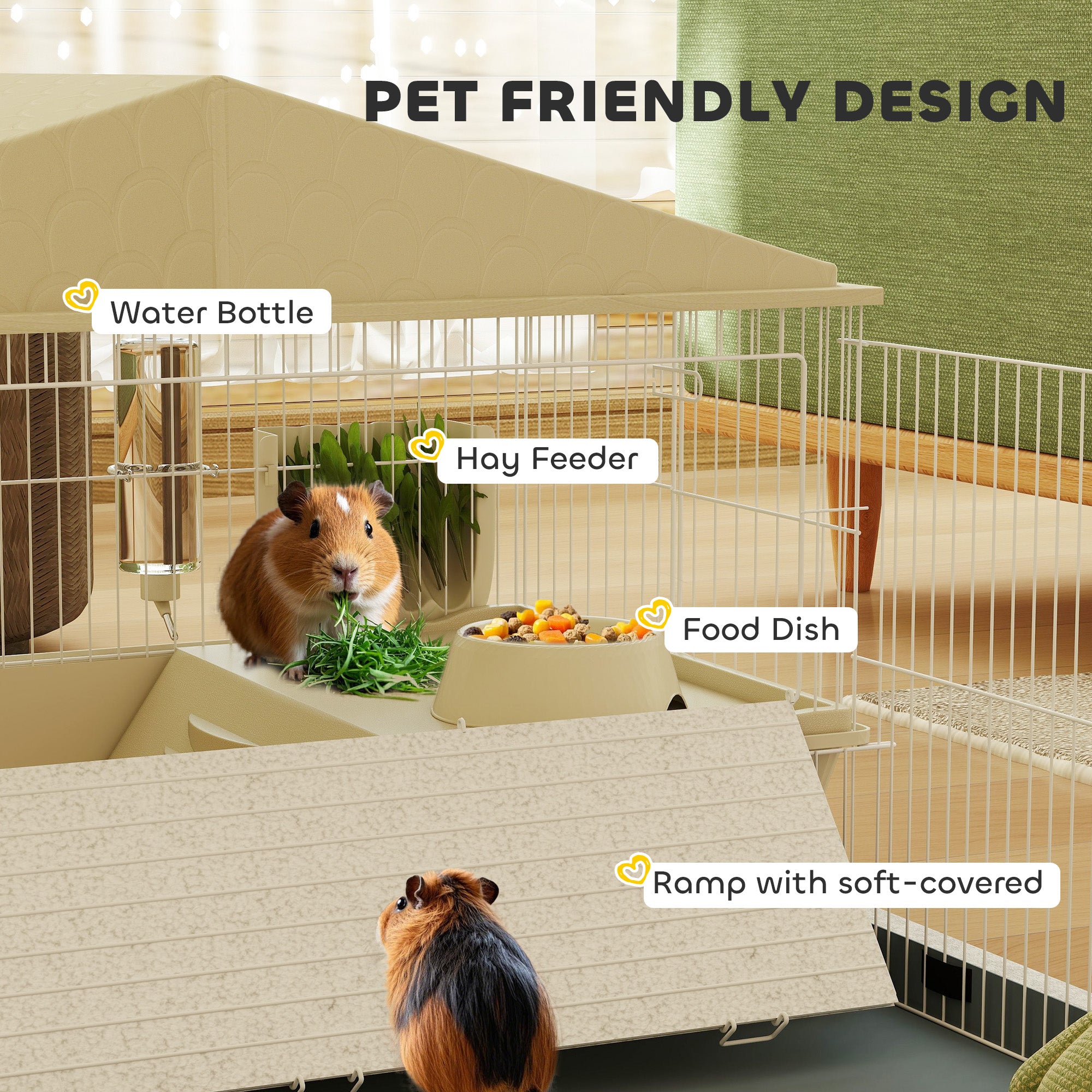 PawHut Small Animal Cage with Removable Pet Playpen, Guinea Pig Cage with Waterproof Pad, Hay Feeder, 108 x 71 x 57cm, Beige - North Peak Garden Furniture