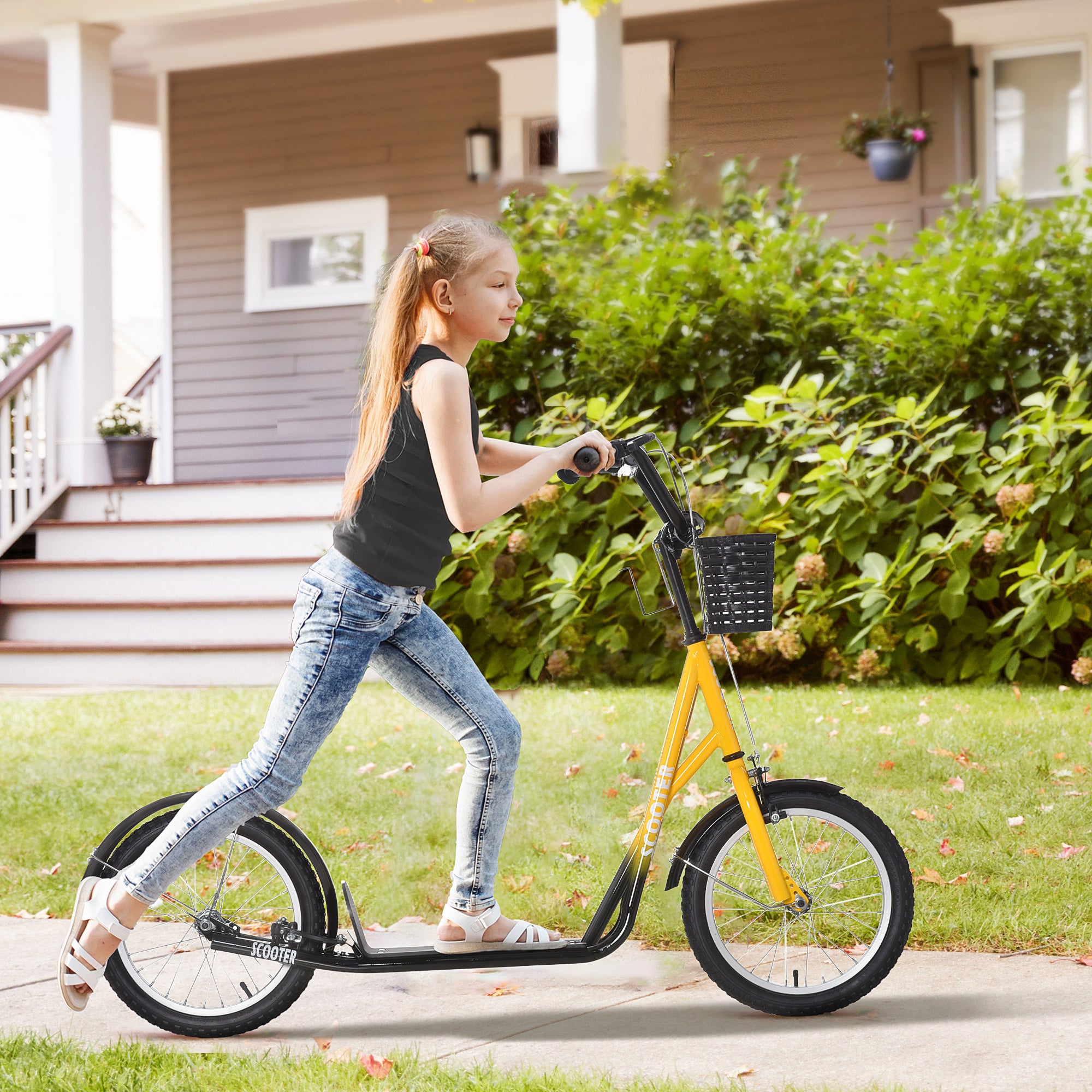 HOMCOM Kids Scooter Teen Ride On Children Scooter with Adjustable Handlebar 2 Brakes Basket Cupholder Mudguard 16" Inflatable Rubber Tyres for 5-12 years old Orange