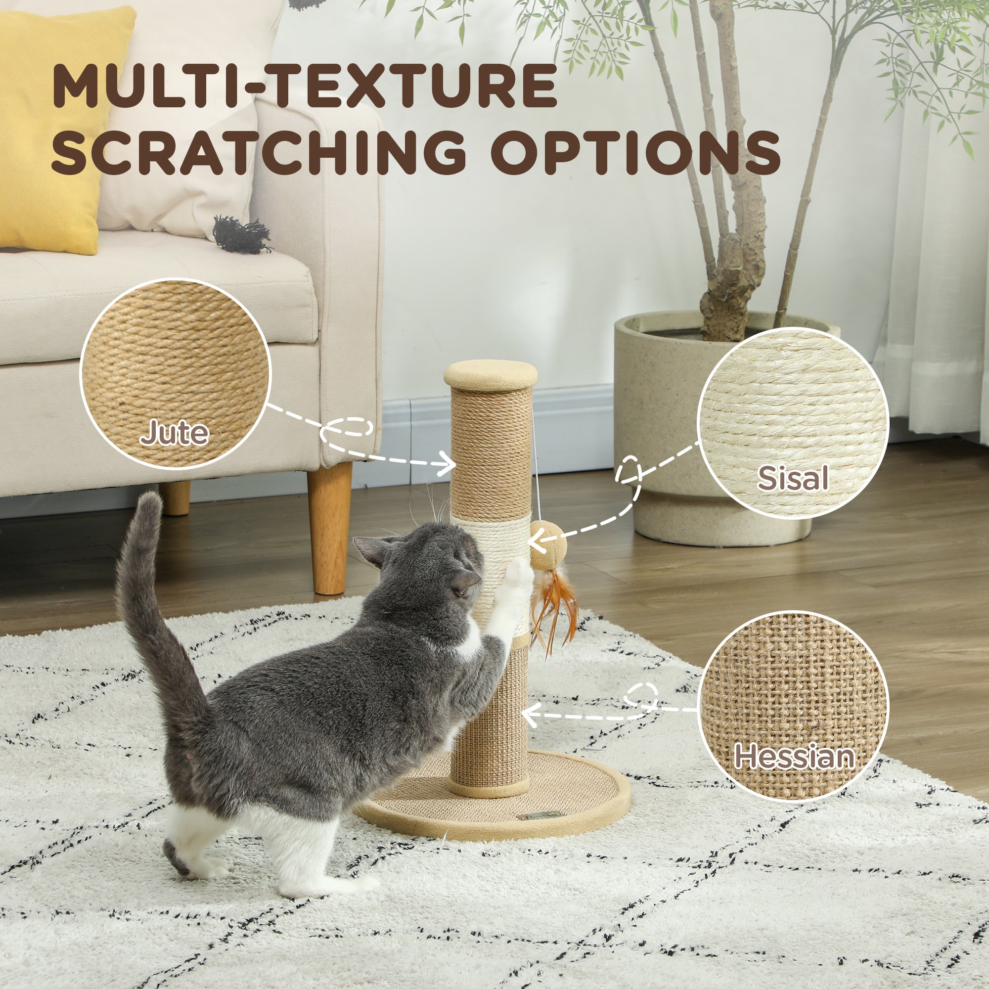 PawHut Cat Scratching Post for Indoor Cats, 47cm Tall Cat Scratcher with Jute Sisal Rope, Hanging Toy Ball, Feather, Brown - North Peak Garden Furniture