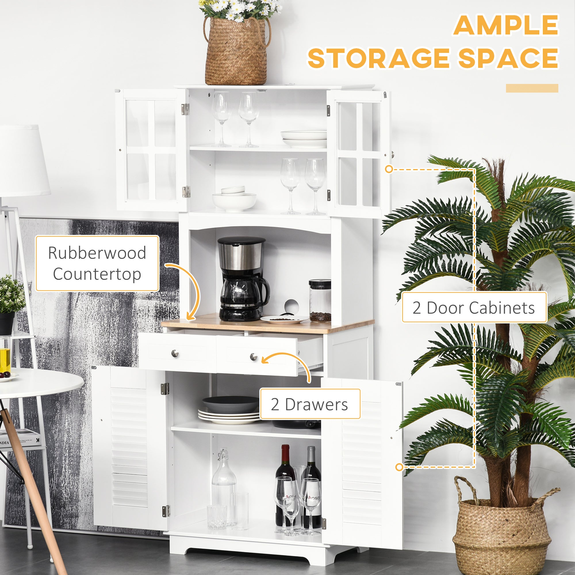 HOMCOM Modern Kitchen Cupboard, Louvered Kitchen Storage Cabinet with Framed Glass Doors and 2 Drawers, White - North Peak Garden Furniture