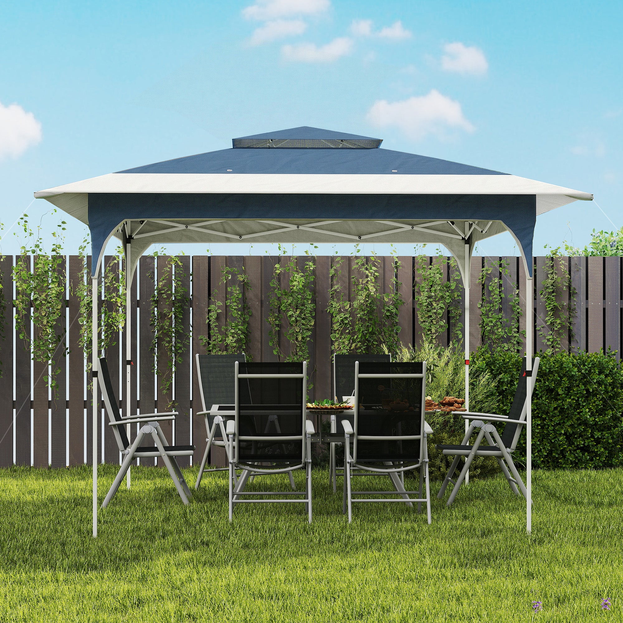 Outsunny 3.5 x 3.5 m Pop Up Gazebo with One-Touch Setup, UPF50+ Double Tier Garden Party Tent Marquee with Carry Bag, Blue