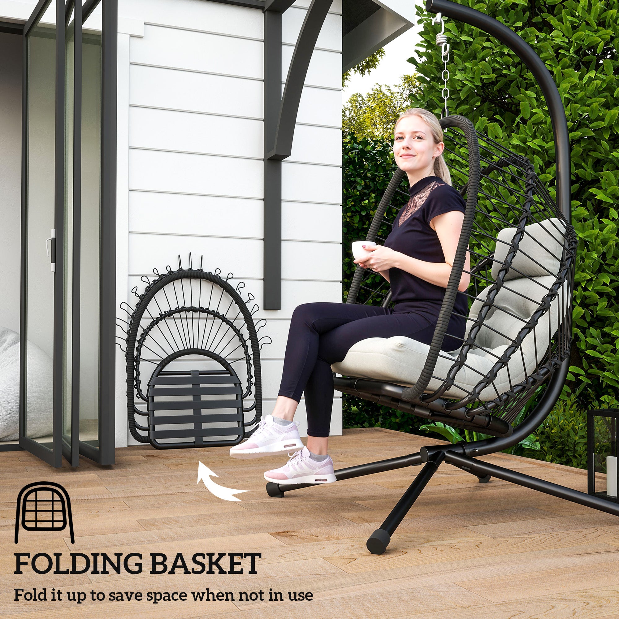 Outsunny Outdoor PE Rattan Swing Chair with Cushion, Garden Foldable Basket Patio Hanging Egg Chair with Metal Stand, Headrest, for Indoor and Outdoor, Black - North Peak Garden Furniture