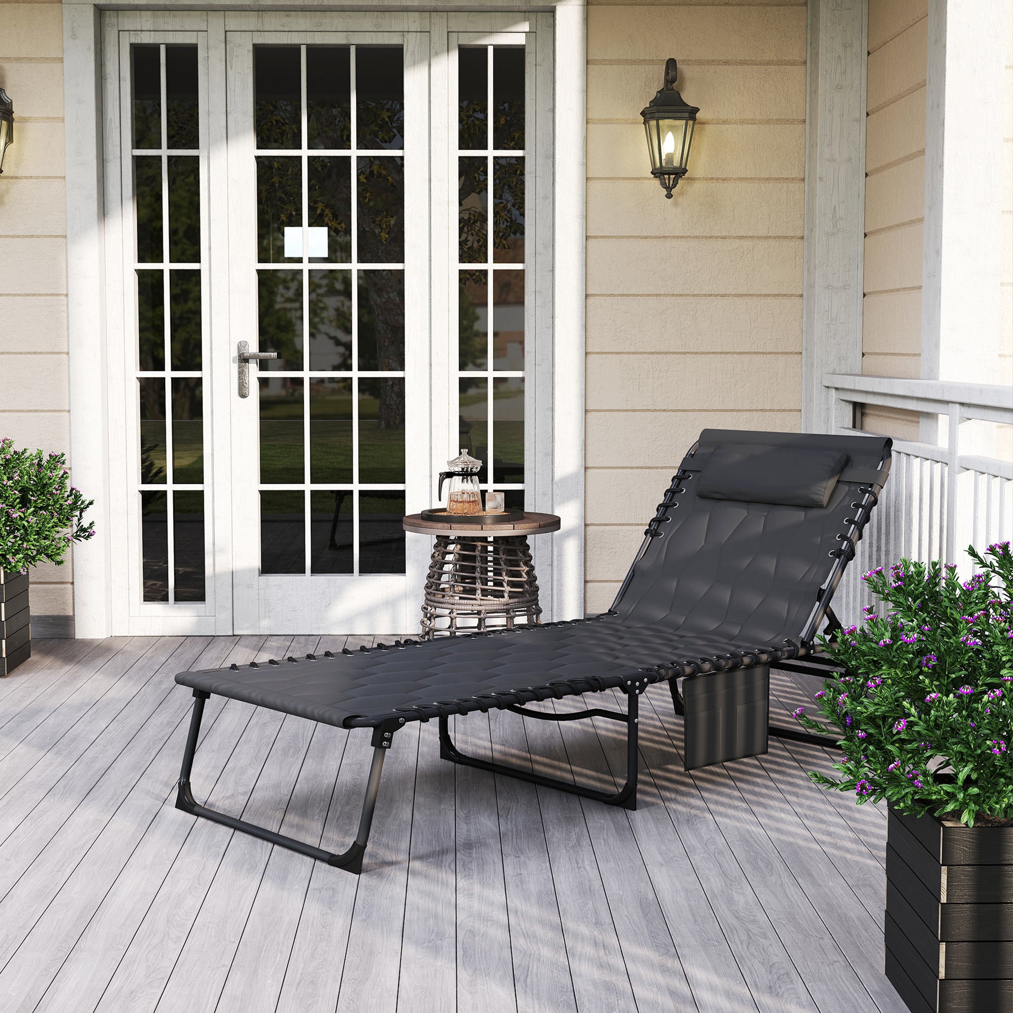 Outsunny Padded Sun Lounger, with Five-Position Reclining Back - Black - North Peak Garden Furniture