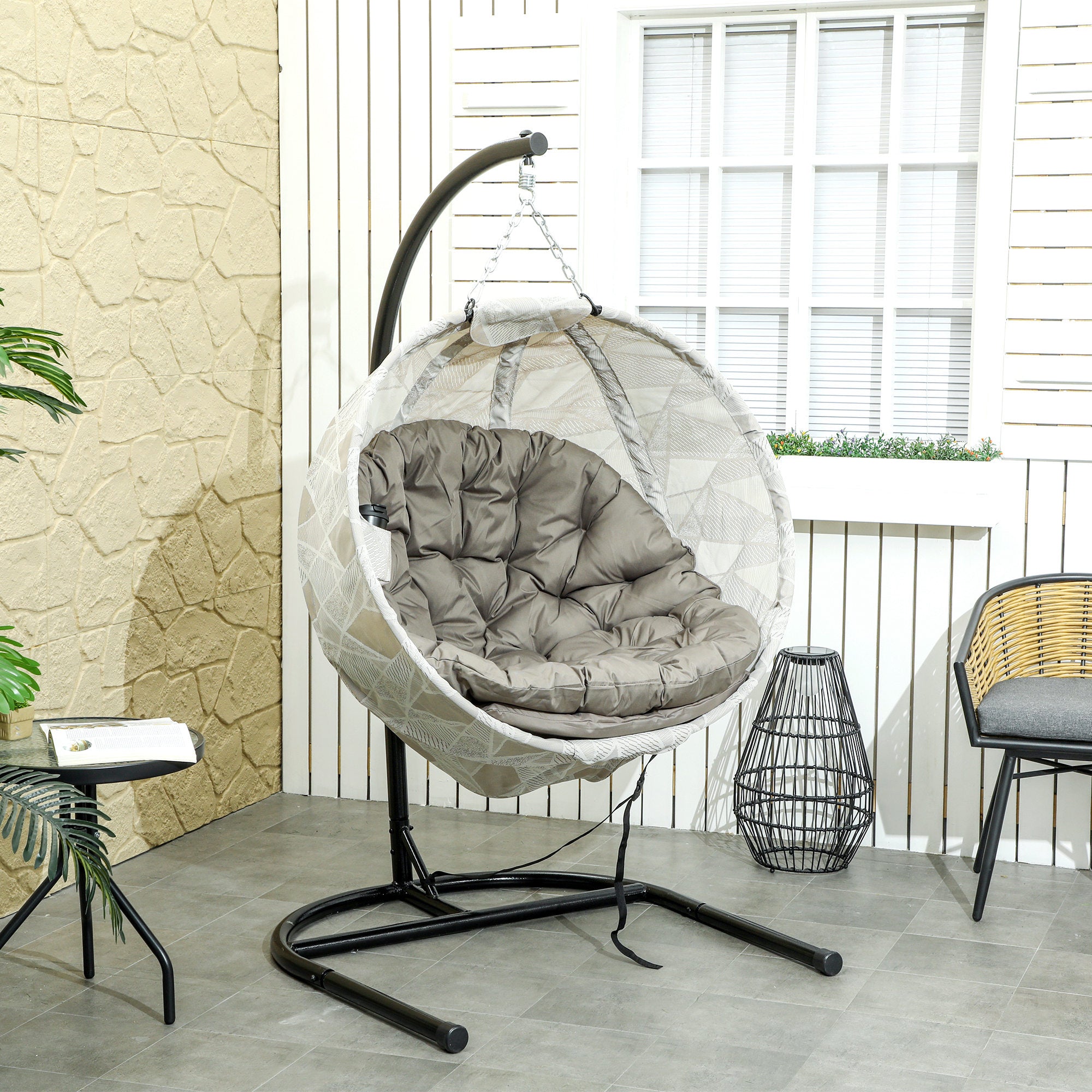 Outsunny Hanging Egg Chair Outdoor Indoor Garden Swing Chair with Folding Basket, Garden Hanging Chair with Stand, Thickened Cushion, Cup Holder for Patio, Balcony, Sand Brown