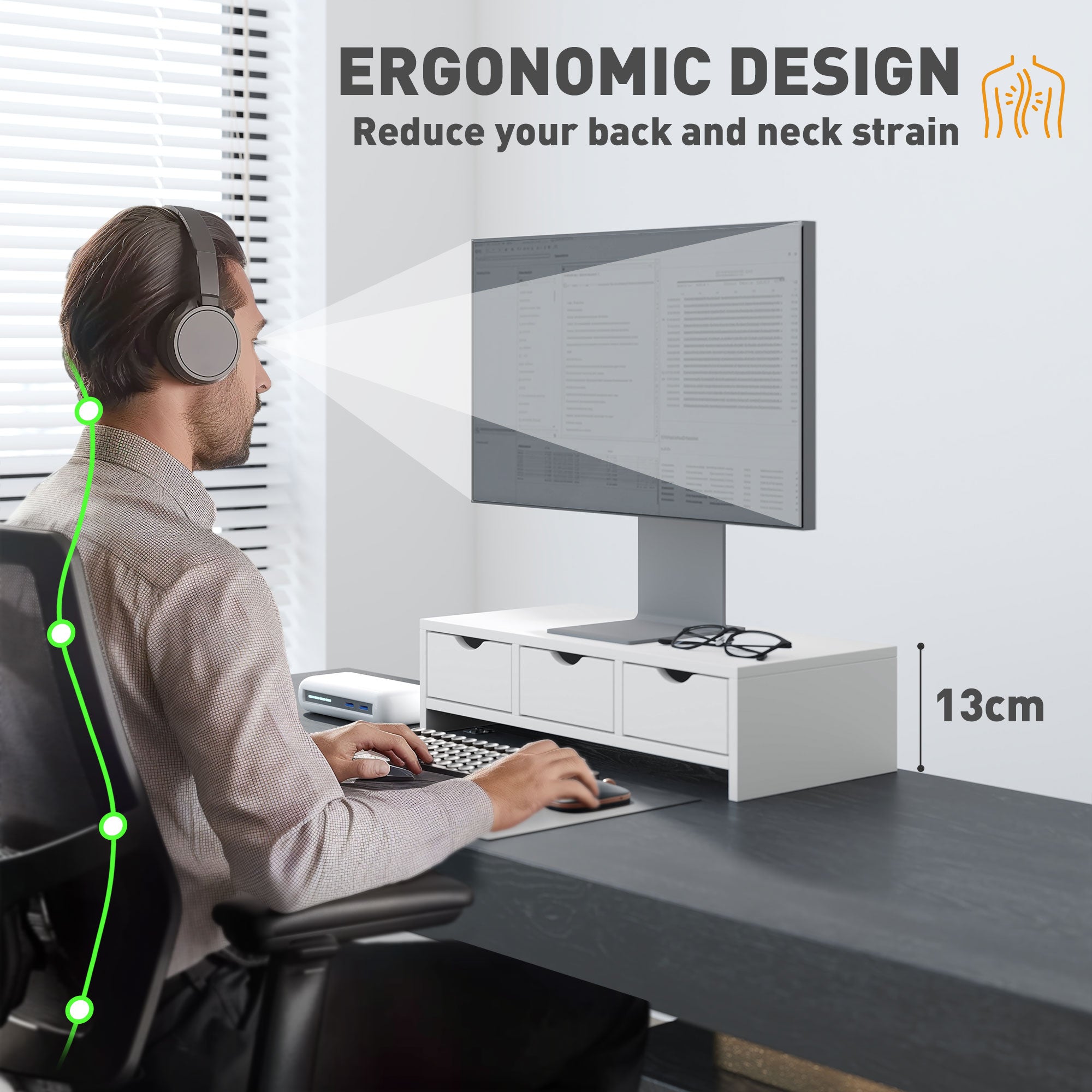 HOMCOM Monitor Stand Riser with 3 Drawers, Monitor Riser for Laptop, Computer, PC, Small Printer, 51 x 24 x 13cm, White - North Peak Garden Furniture