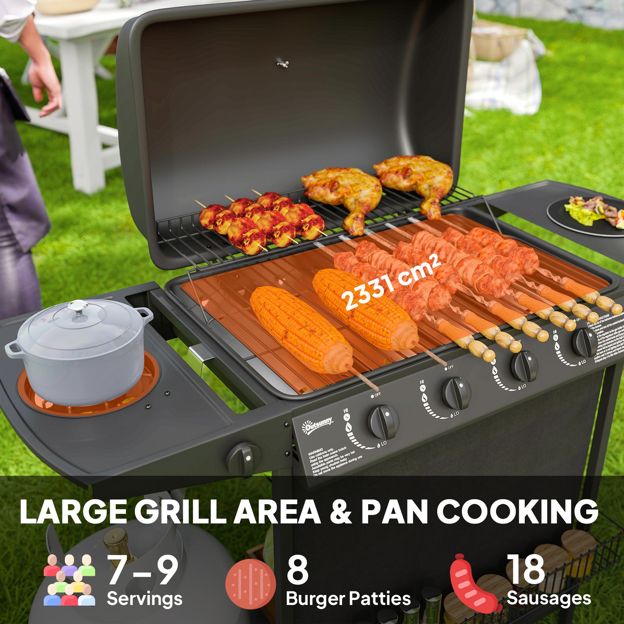 Outsunny 4+1 Burner Gas BBQ Grill, Portable Gas Barbecue Grill with Built-in Thermometer, Lid, Side Table, Shelf, Spice Rack, Wheels, Grease Cup for Garden Party Outdoor Cooking, Black - North Peak Garden Furniture