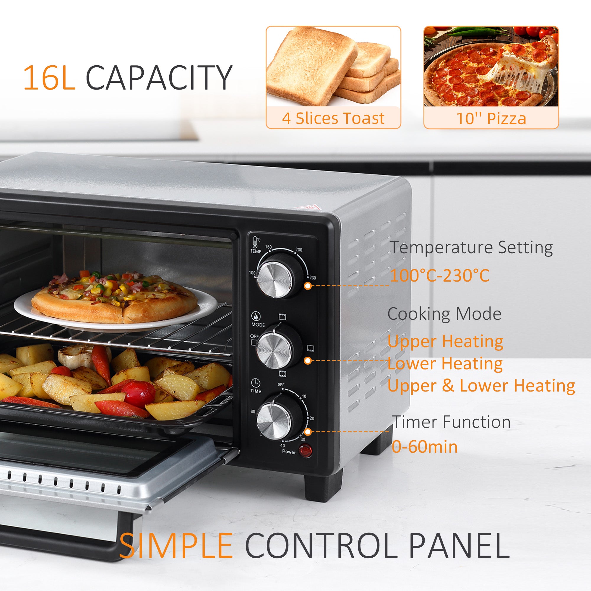 HOMCOM 16L Mini 1400W Countertop Oven - Black/Silver Tone - North Peak Garden Furniture