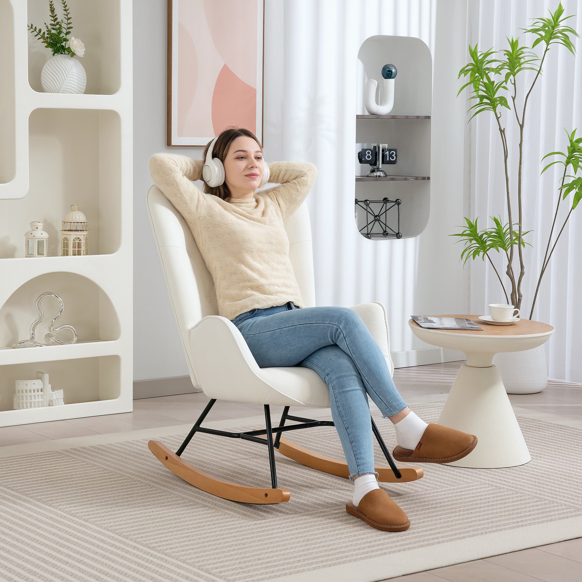 HOMCOM Rocking Chair, Modern Upholstered Velvet Armchair with Solid Wood Legs and Metal Frame for Living Room, Bedroom, Cream - North Peak Garden Furniture