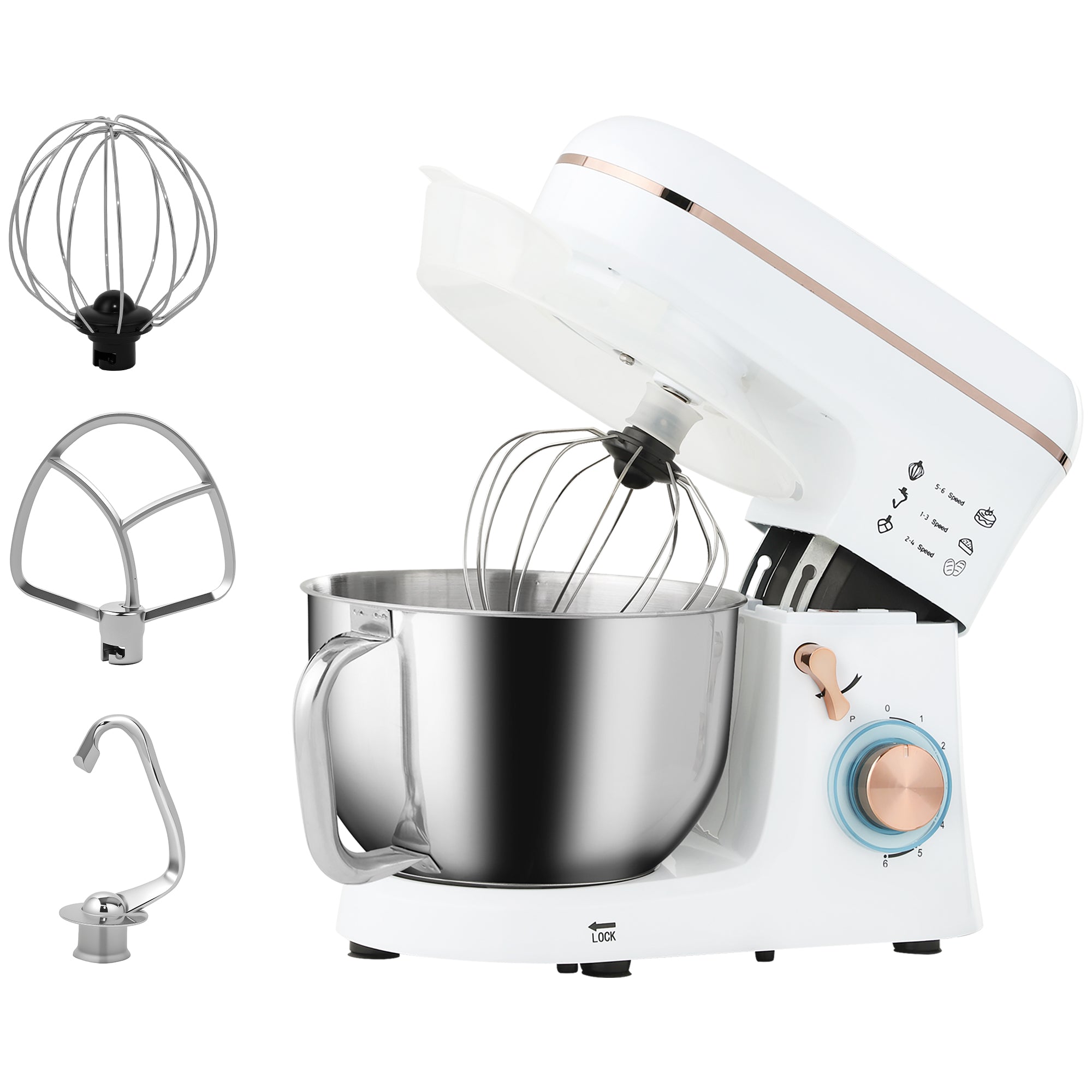 HOMCOM Stand Mixer, 5L Food Mixer for Baking, 6 Speeds and Pulse Setting, 1400W Cake Electric Kitchen Mixer with Dough Hook, Whisk, Stainless Steel Bowl, Splash Guard, Beater, White - North Peak Garden Furniture