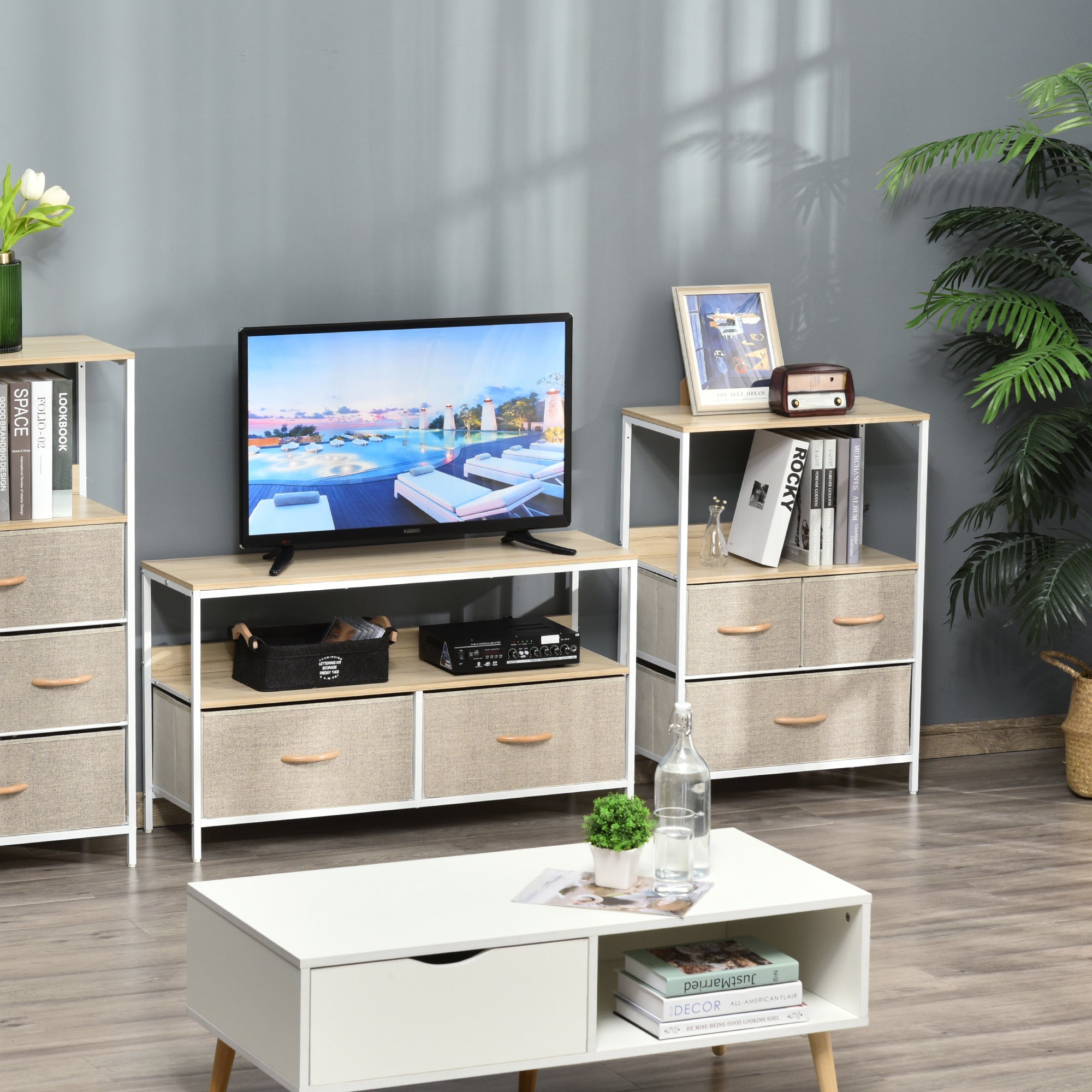 HOMCOM 3 Drawer Storage Chest Unit Home Cabinet w/ Shelves Home Living Room Bedroom Entryway Living Furniture, Light Grey - North Peak Garden Furniture