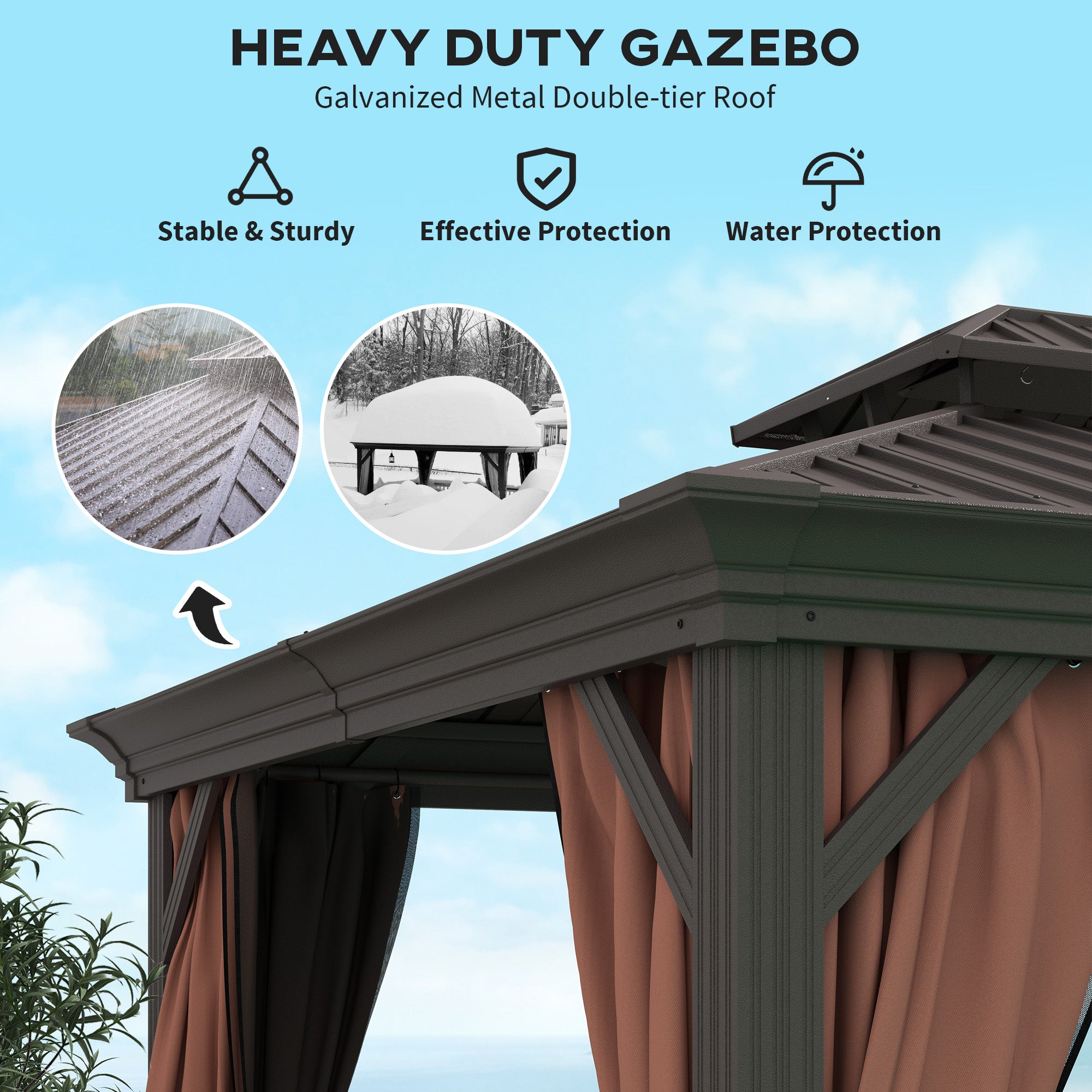 Outsunny 3 x 3.7m Outdoor Hardtop Gazebo Canopy Aluminium Frame with 2-Tier Roof & Mesh Netting Sidewalls for Patio, Dark Brown - North Peak Garden Furniture