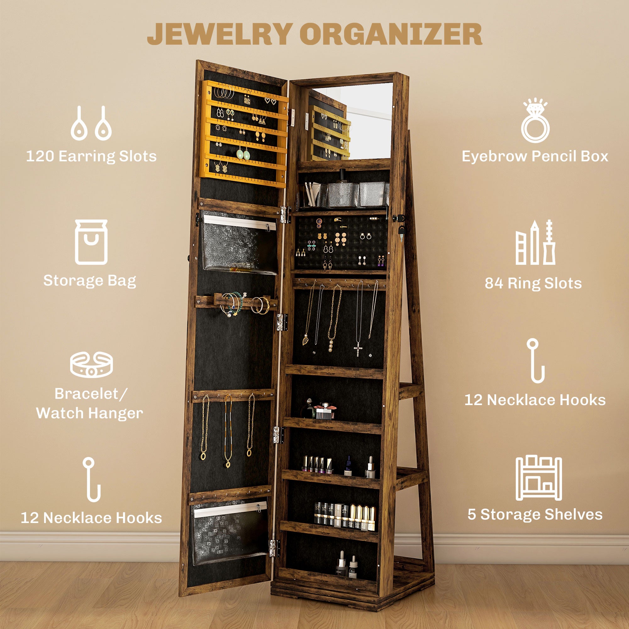 HOMCOM 360° Swivel Jewellery Cabinet, Mirror Armoire, Full Length Mirror, Lockable Jewellery Organiser with Built-In Small Mirror, Rustic Brown - North Peak Garden Furniture