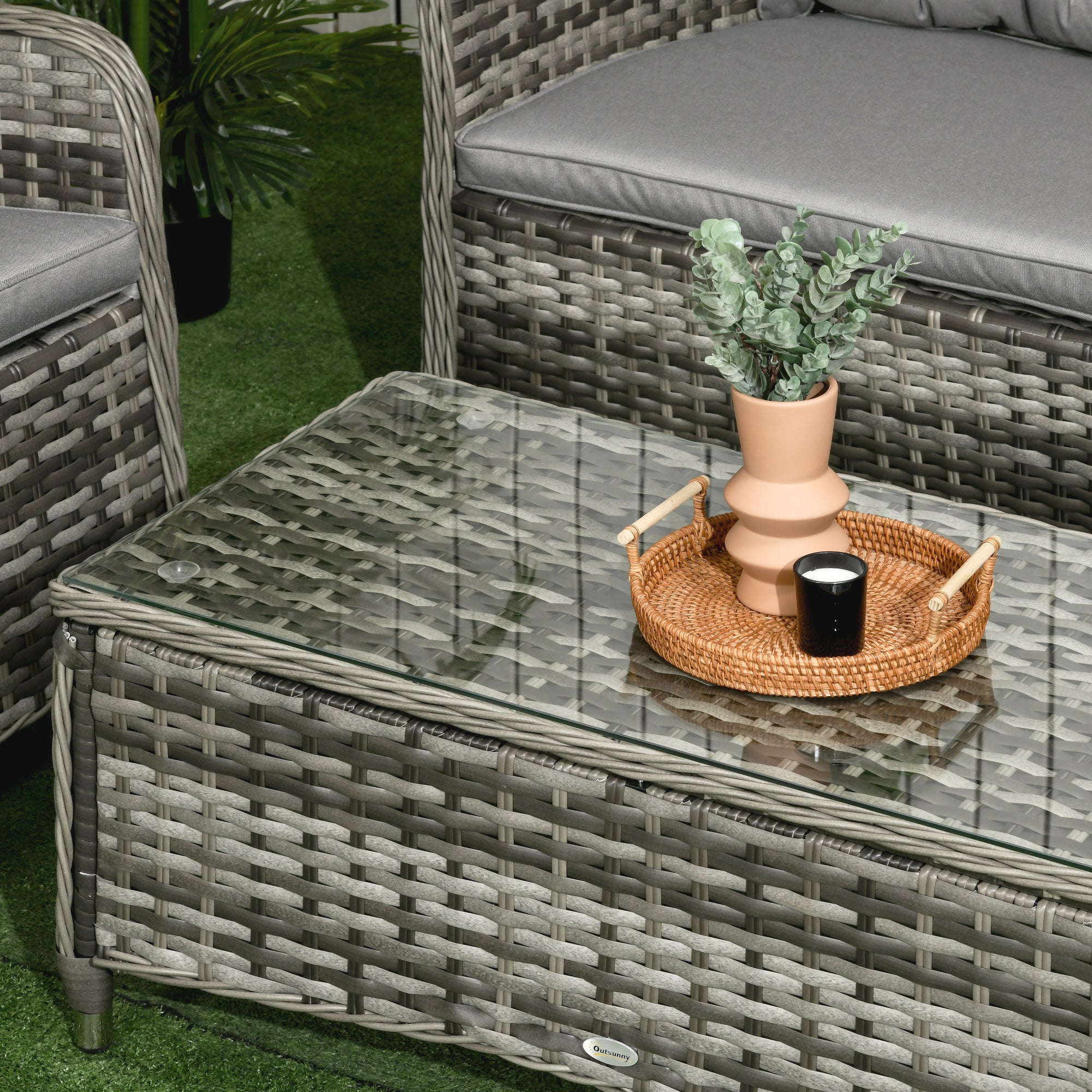 Outsunny 4 Pieces Outdoor PE Rattan Garden Furniture with Cushions, Patio Special Hand Weave Wicker Conservatory Sofa Set with Glass Top Coffee Table, Mixed Grey - North Peak Garden Furniture