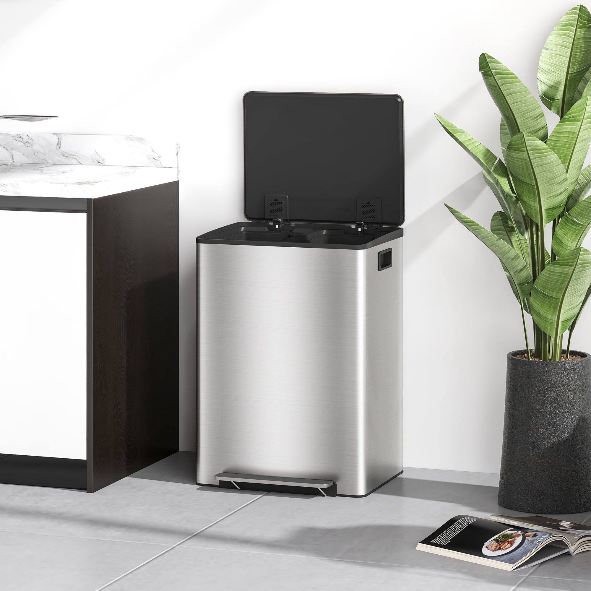 HOMCOM 60L Dual Compartment Stainless Steel Bin, with Deodoriser Holders - Silver Tone - North Peak Garden Furniture