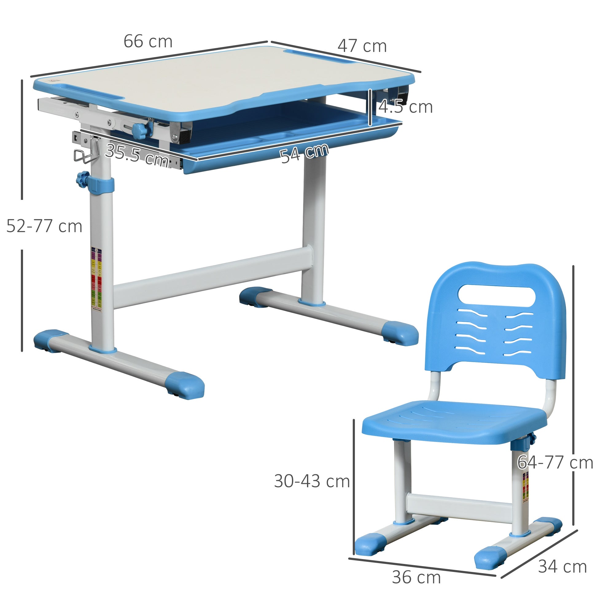 HOMCOM Kids Desk and Chair Set, Height Adjustable Student Writing Desk, Children School Study Table with Tiltable Desktop, Drawer, Pen Slot, Hook - Blue - North Peak Garden Furniture