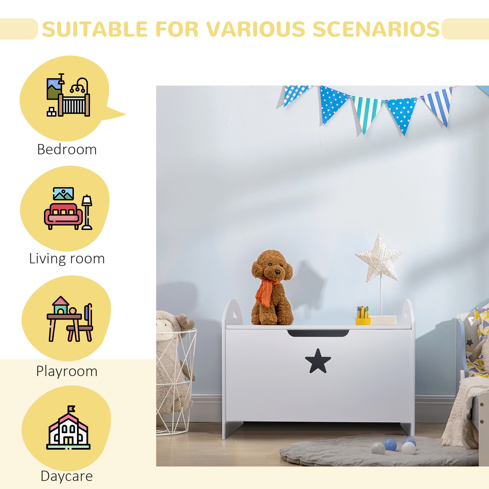 HOMCOM Kids Wooden Toy Box Organizer Children's Toy Storage with Lid Safety Hinge Side Handle Playroom Furniture White - North Peak Garden Furniture