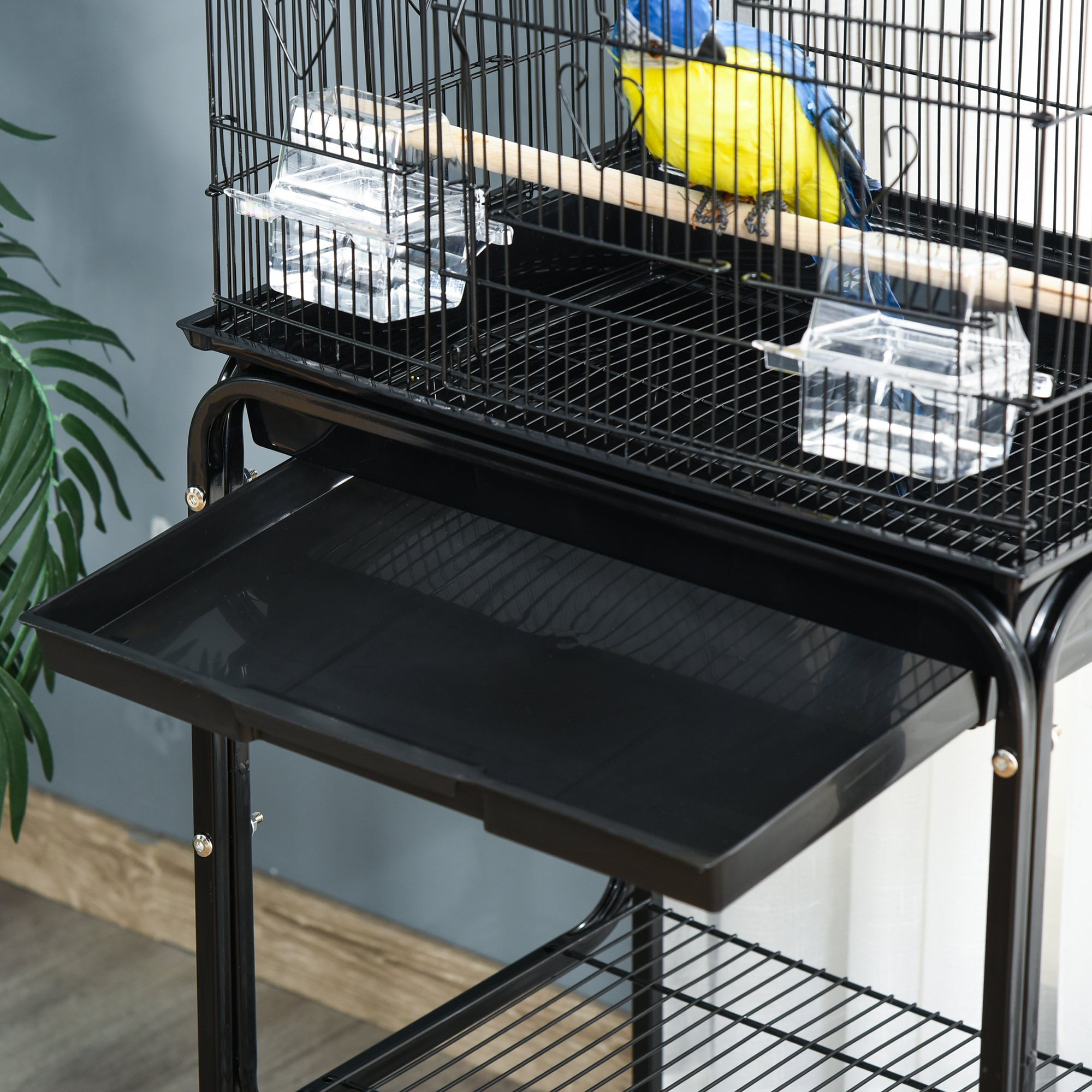 PawHut Bird Cage Budgie Cages for Finch Canary Parakeet with Stand Wheels Slide-out Tray Accessories Storage Shelf, Black 46.5 x 36 x 157 cm - North Peak Garden Furniture