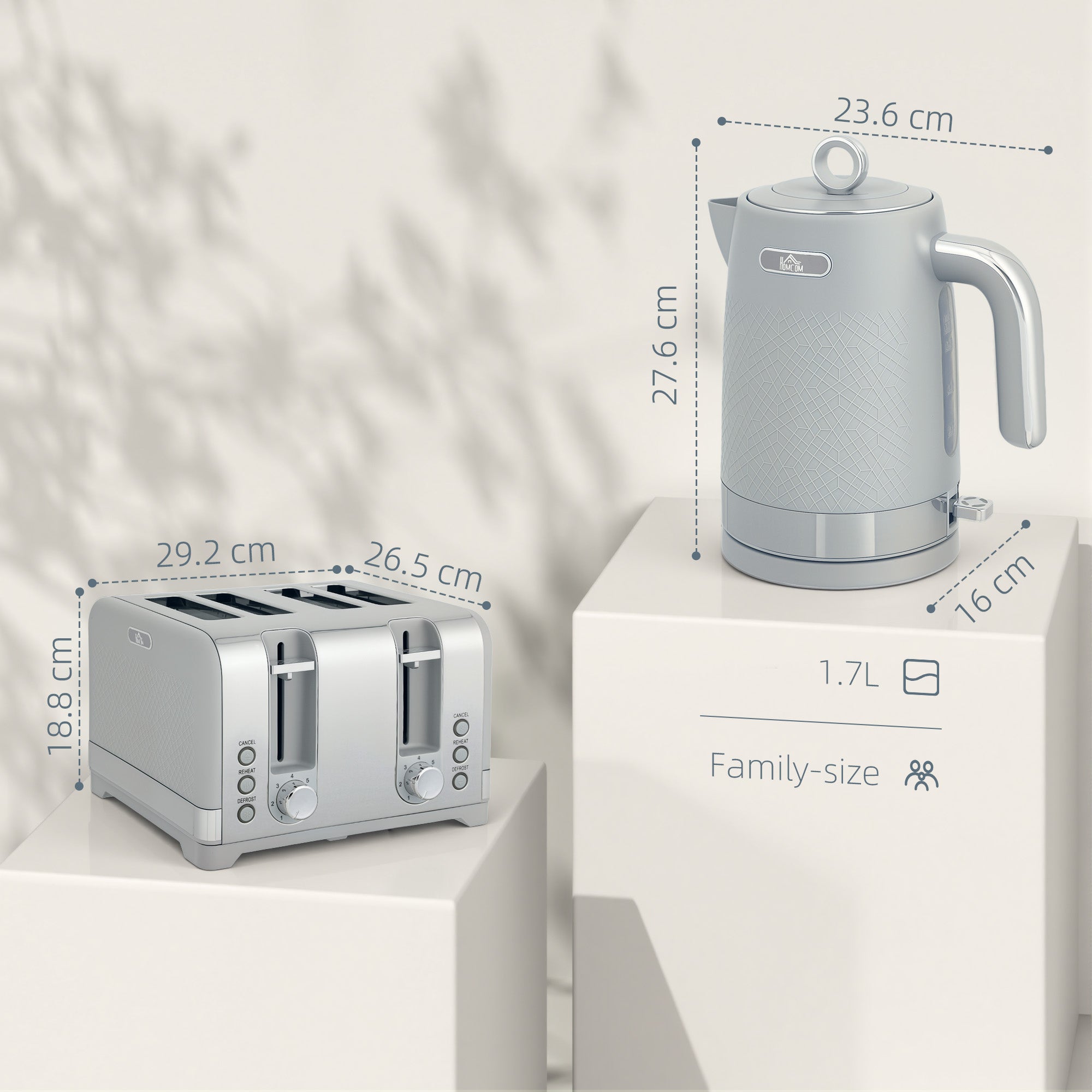 HOMCOM Sleek Textured Kettle and Four-Slice Toaster Set - Grey